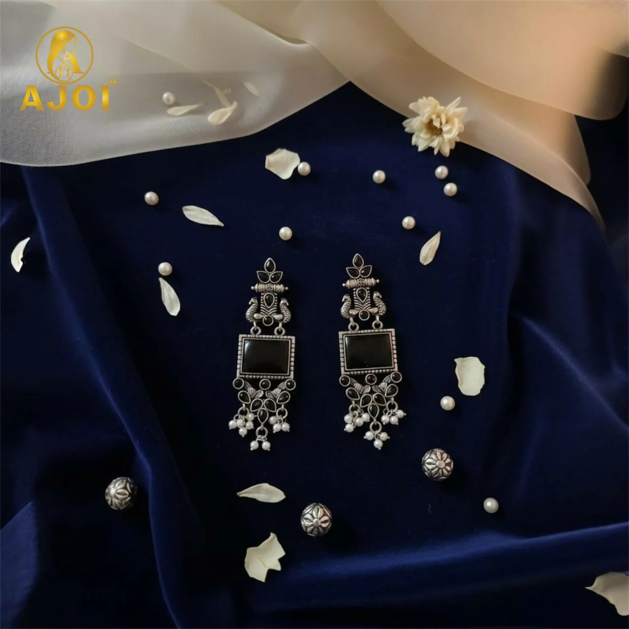 Antique Black Square Stone Oxidised Silver Ethnic Earrings with Pearl Drops | Antique Temple-Style Statement Earrings for Women & Girls - Image 3