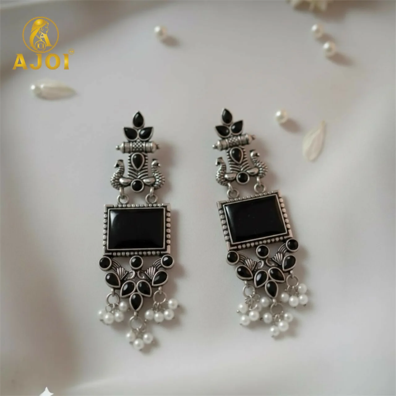 Antique Black Square Stone Oxidised Silver Ethnic Earrings with Pearl Drops | Antique Temple-Style Statement Earrings for Women & Girls - Image 4