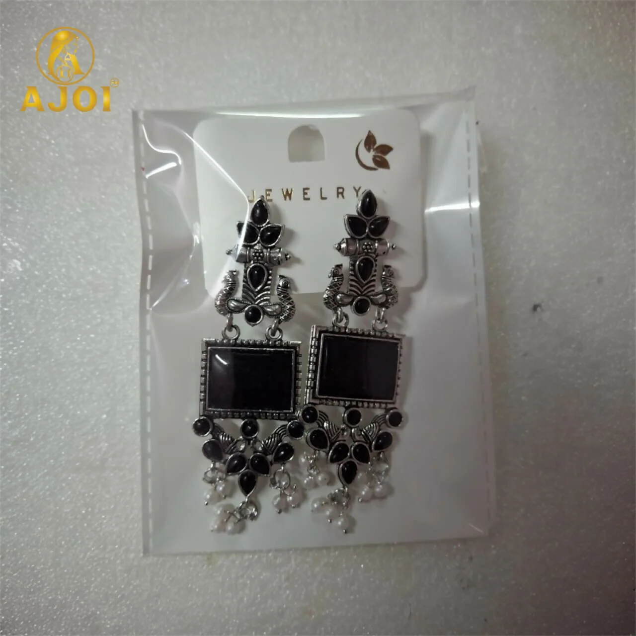 Antique Black Square Stone Oxidised Silver Ethnic Earrings with Pearl Drops | Antique Temple-Style Statement Earrings for Women & Girls - Image 5