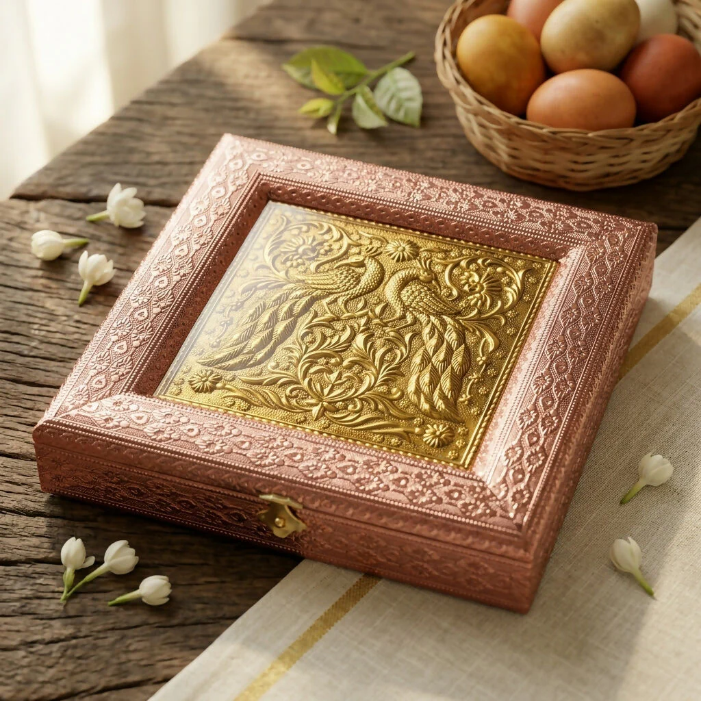 Antique Brass Peacock Embossed Square Dry Fruat Box (8x8 Inch) - Image 2