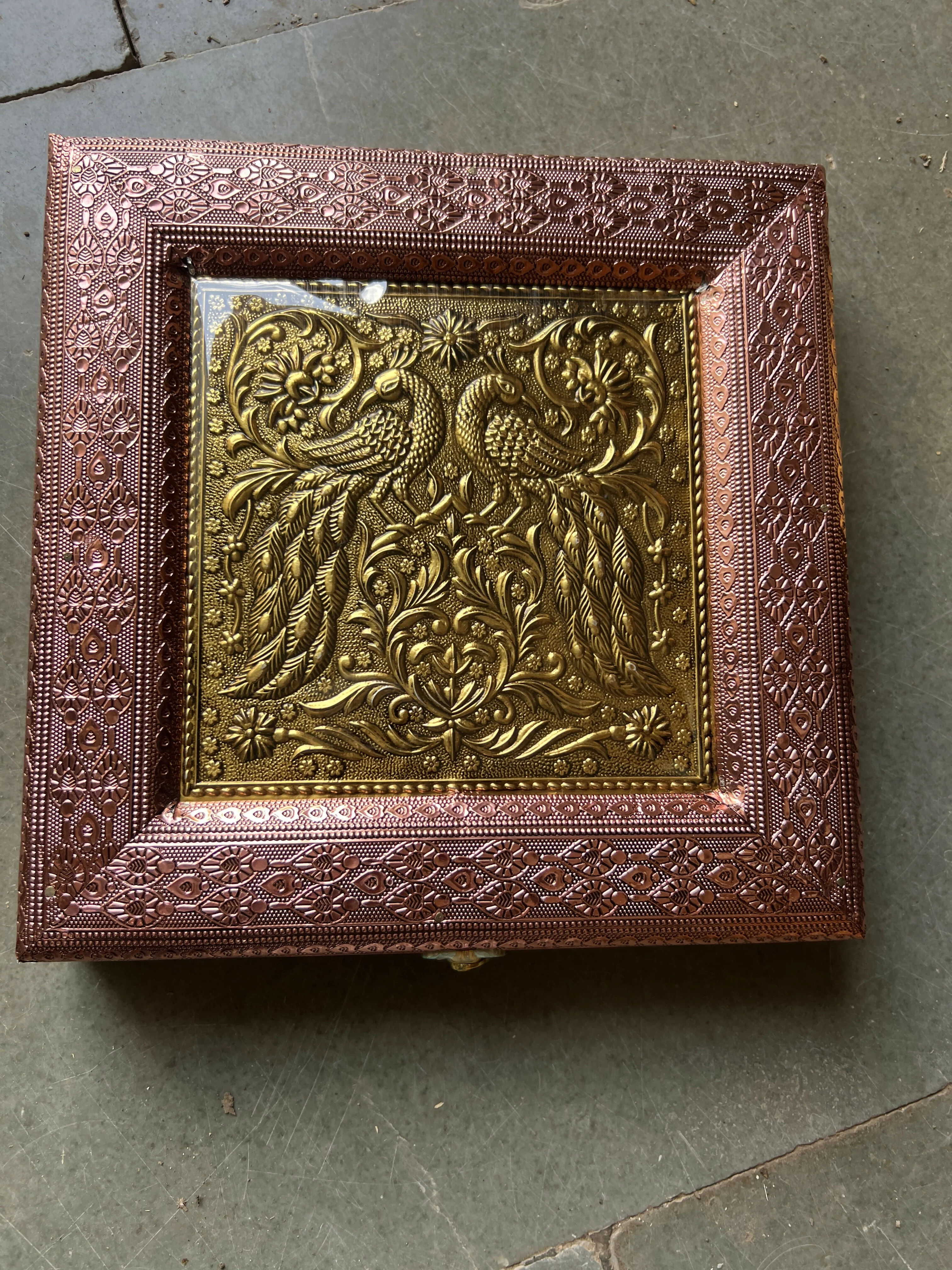 Antique Brass Peacock Embossed Square Dry Fruat Box (8x8 Inch) - Image 4