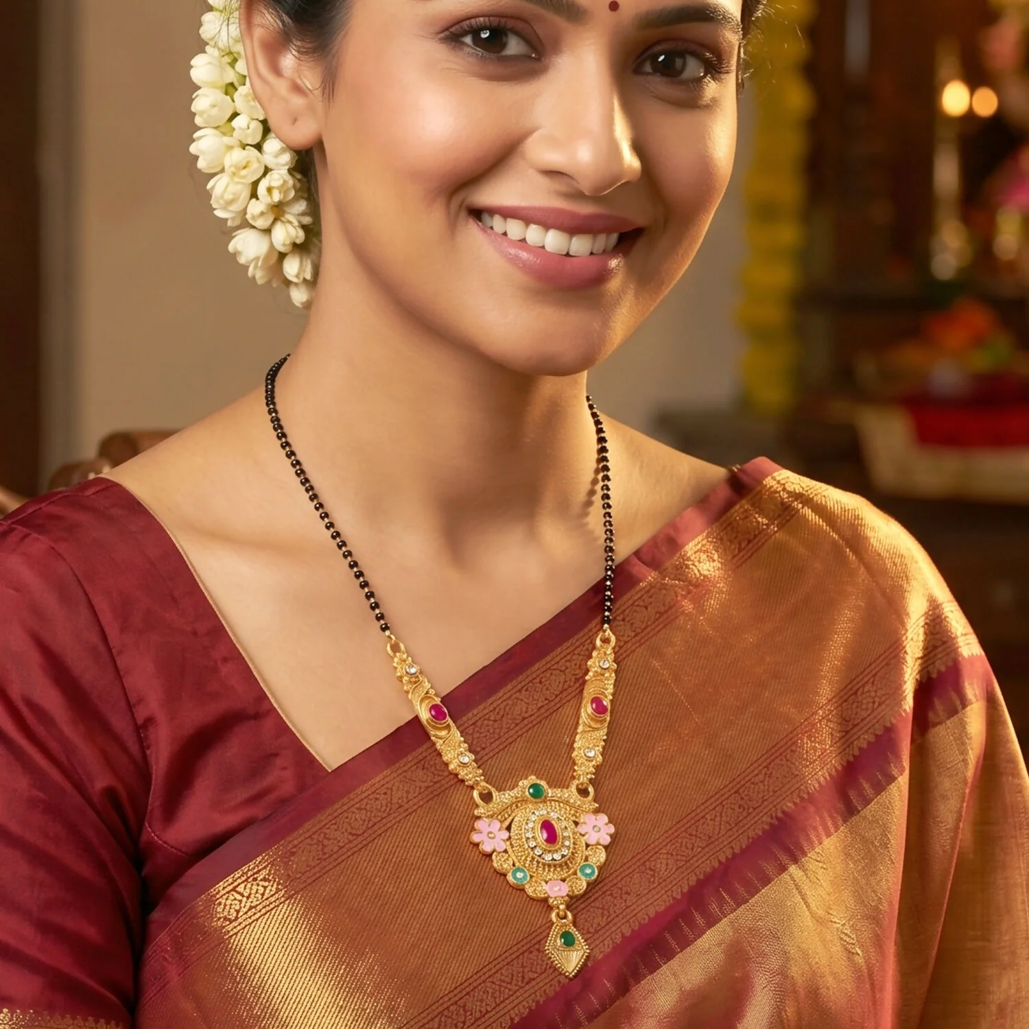 Antique Finish Circular Medallion with Pink Enamel Flowers & Ruby Centre Mangalsutra - Image 3