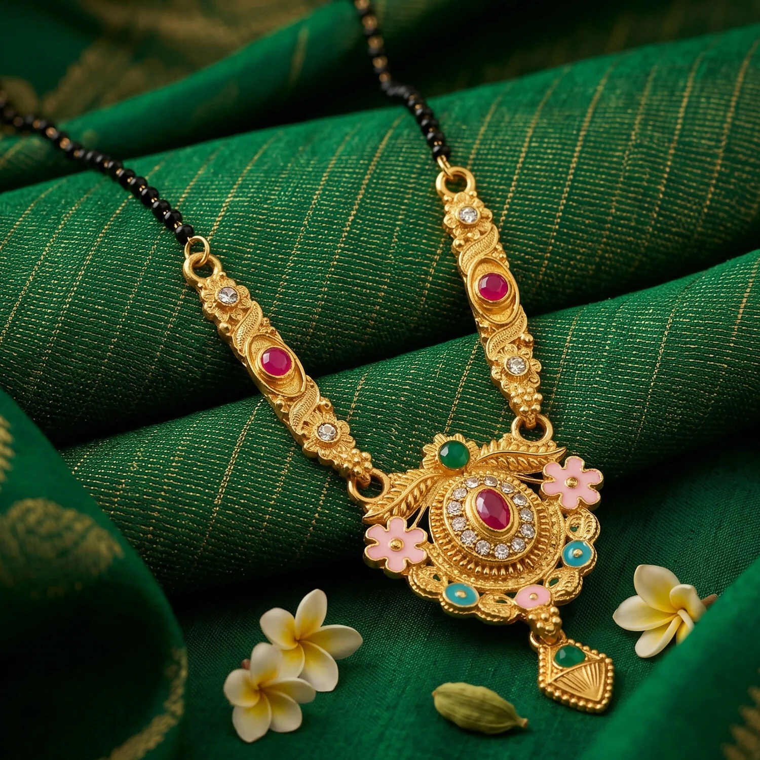 Antique Finish Circular Medallion with Pink Enamel Flowers & Ruby Centre Mangalsutra - Image 4