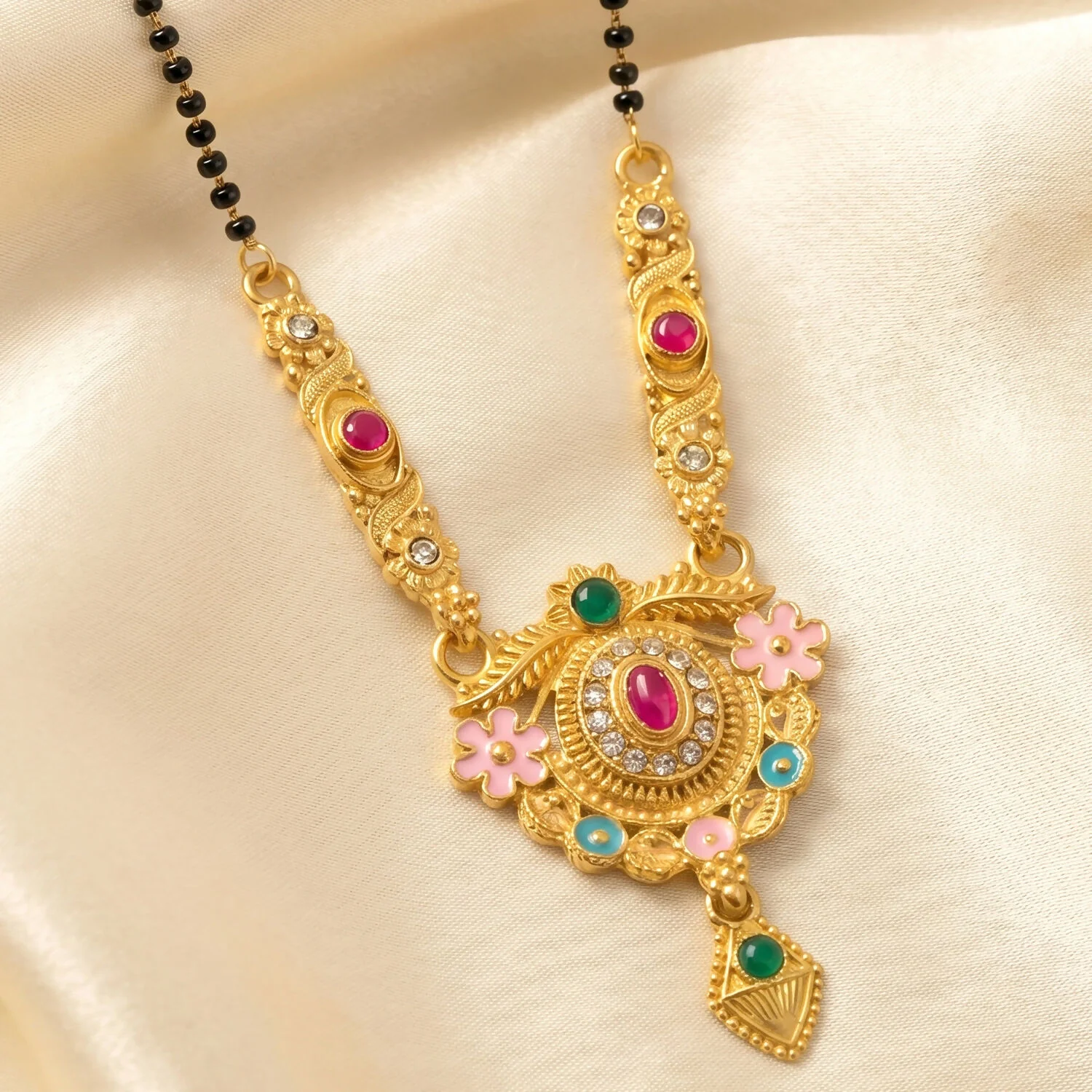 Antique Finish Circular Medallion with Pink Enamel Flowers & Ruby Centre Mangalsutra - Image 5