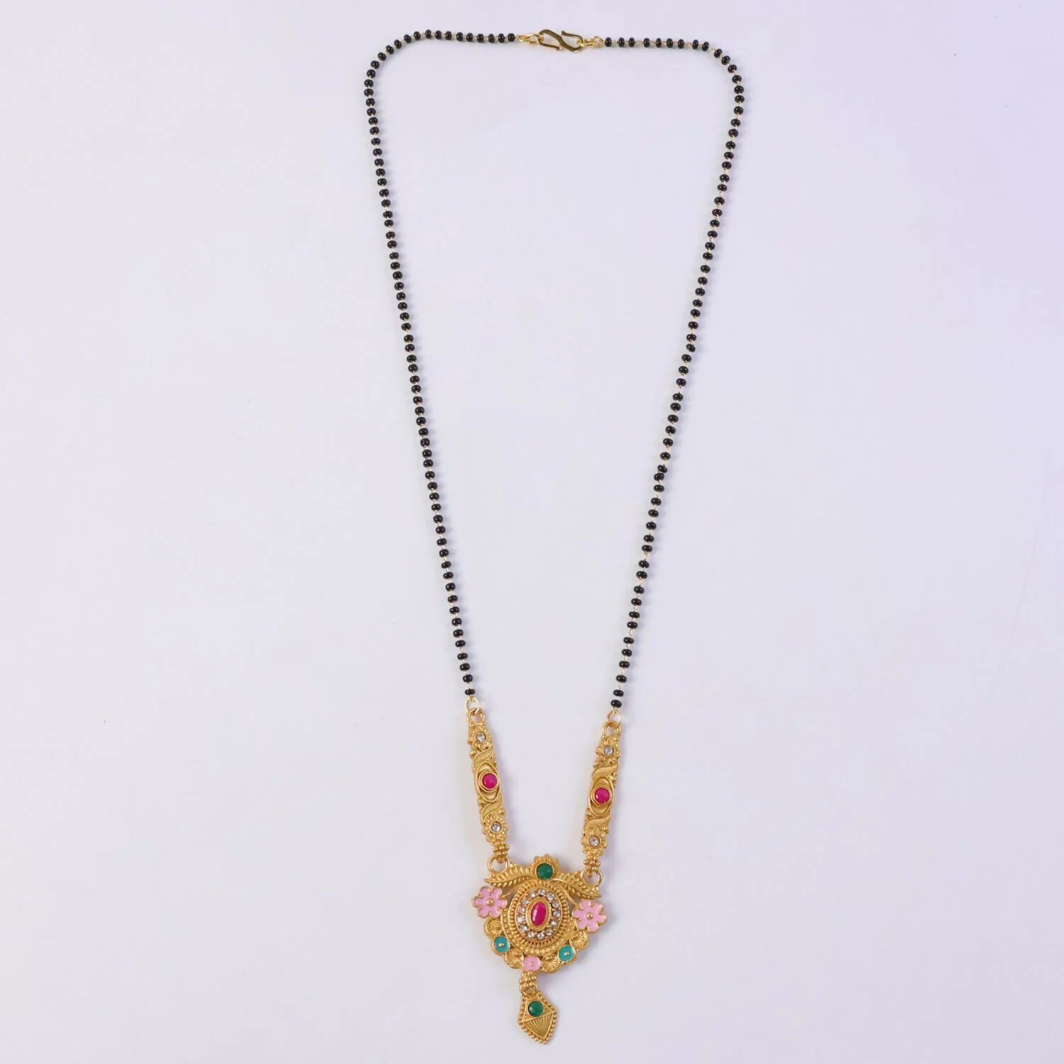 Antique Finish Circular Medallion with Pink Enamel Flowers & Ruby Centre Mangalsutra - Image 6