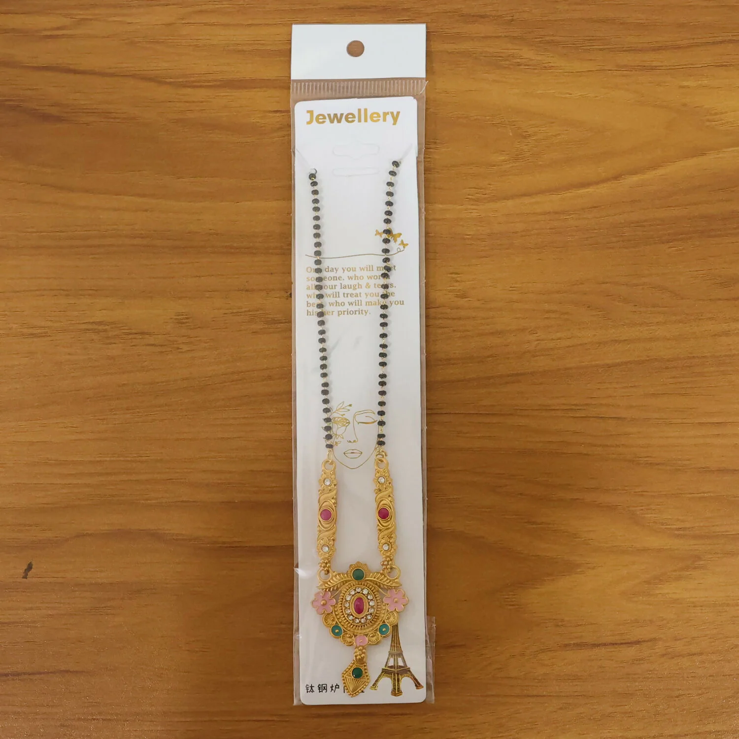 Antique Finish Circular Medallion with Pink Enamel Flowers & Ruby Centre Mangalsutra - Image 7