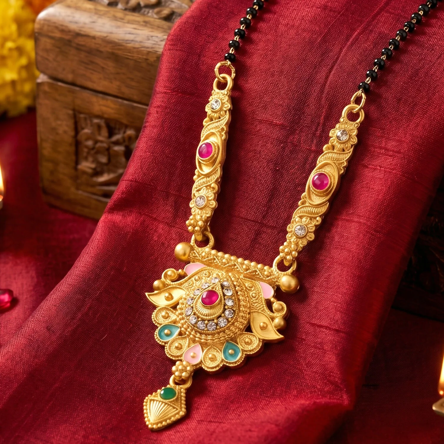 Antique Finish Crescent Paisley Pendant with Ghungroo Drops Long Single Strand Mangalsutra - Image 2