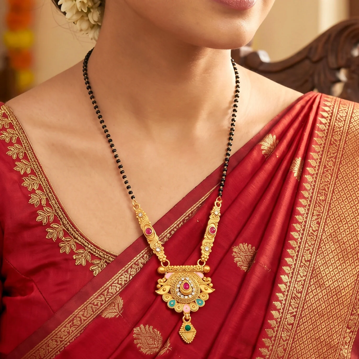 Antique Finish Crescent Paisley Pendant with Ghungroo Drops Long Single Strand Mangalsutra - Image 3