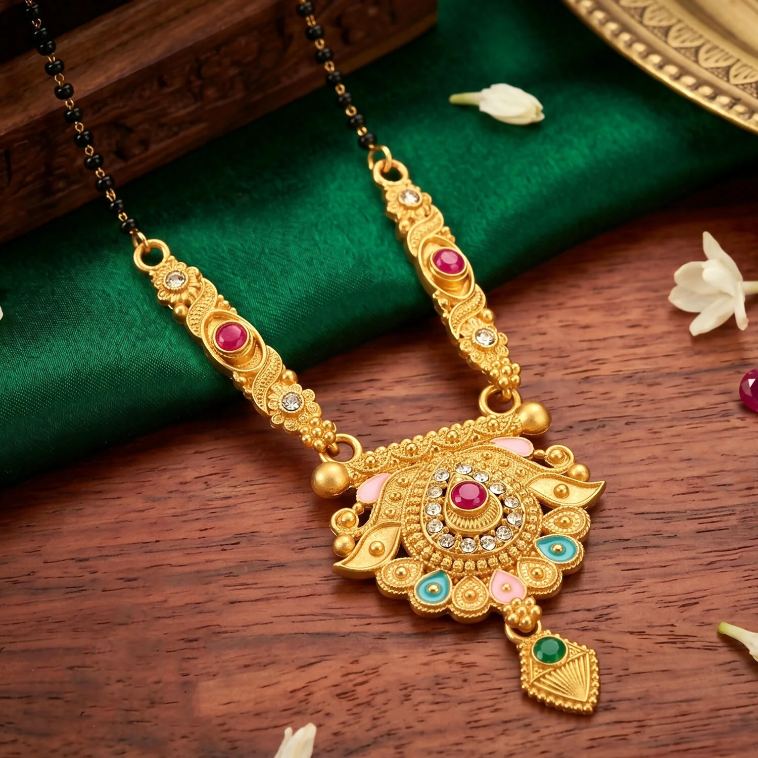 Antique Finish Crescent Paisley Pendant with Ghungroo Drops Long Single Strand Mangalsutra - Image 4