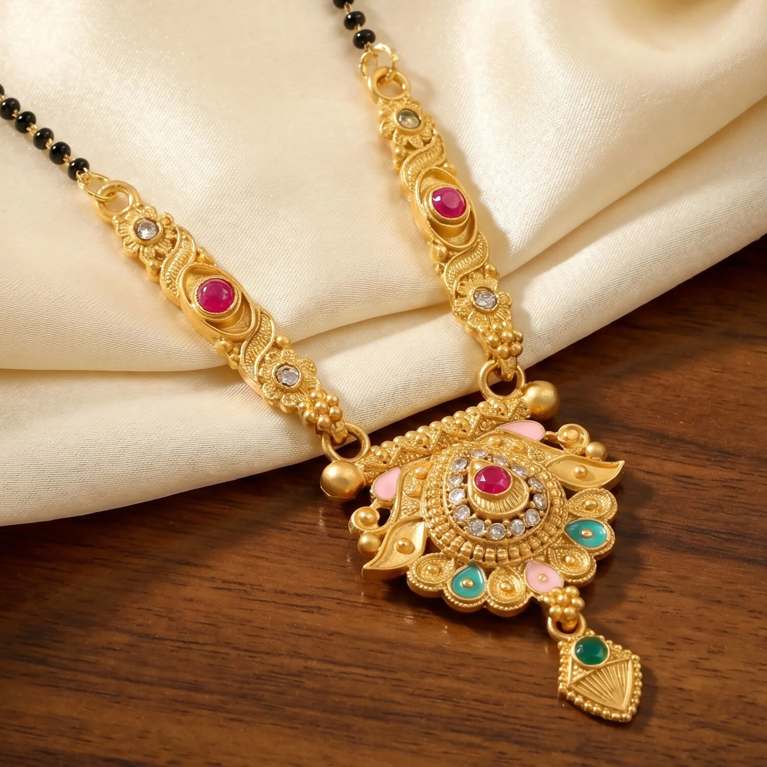Antique Finish Crescent Paisley Pendant with Ghungroo Drops Long Single Strand Mangalsutra - Image 5