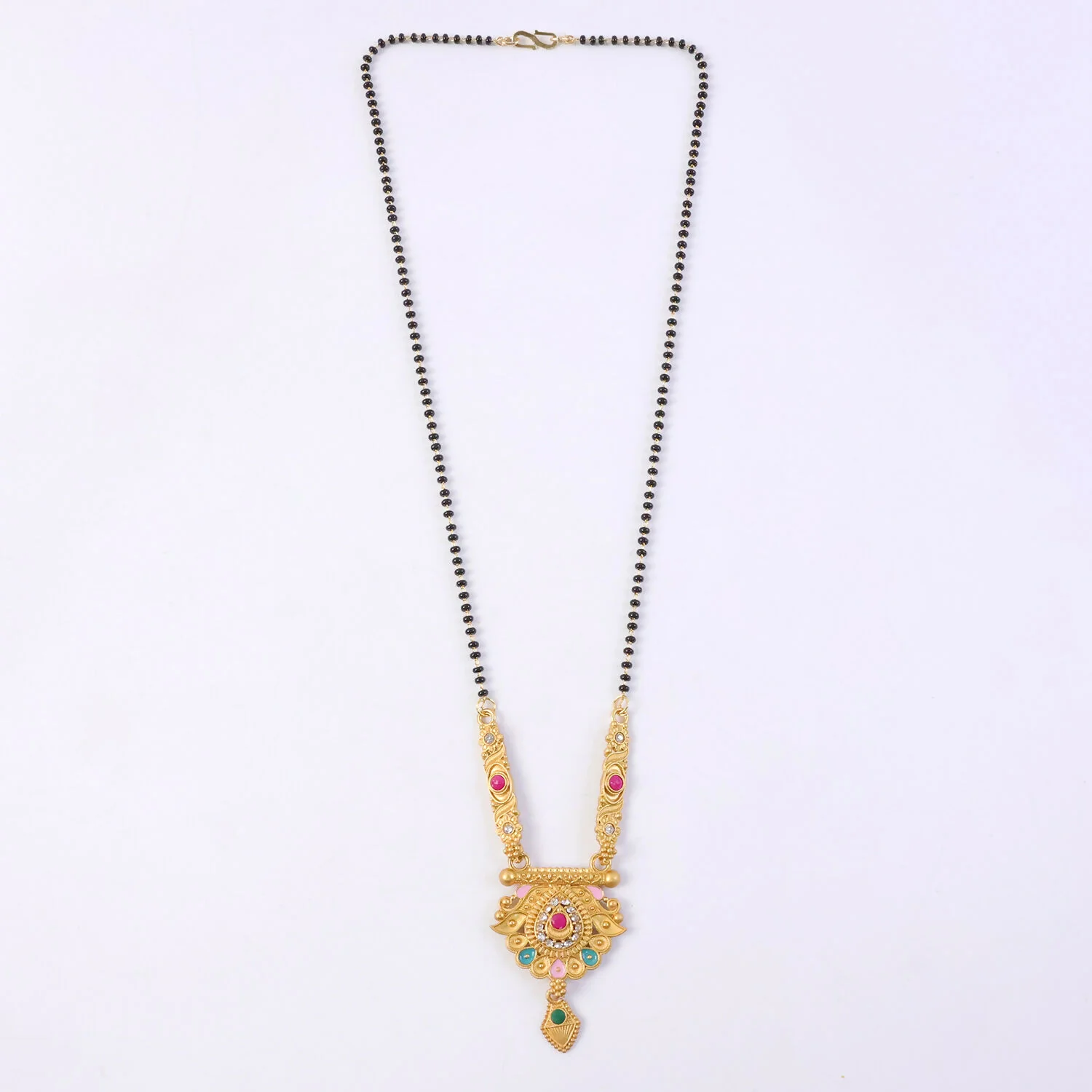 Antique Finish Crescent Paisley Pendant with Ghungroo Drops Long Single Strand Mangalsutra - Image 6
