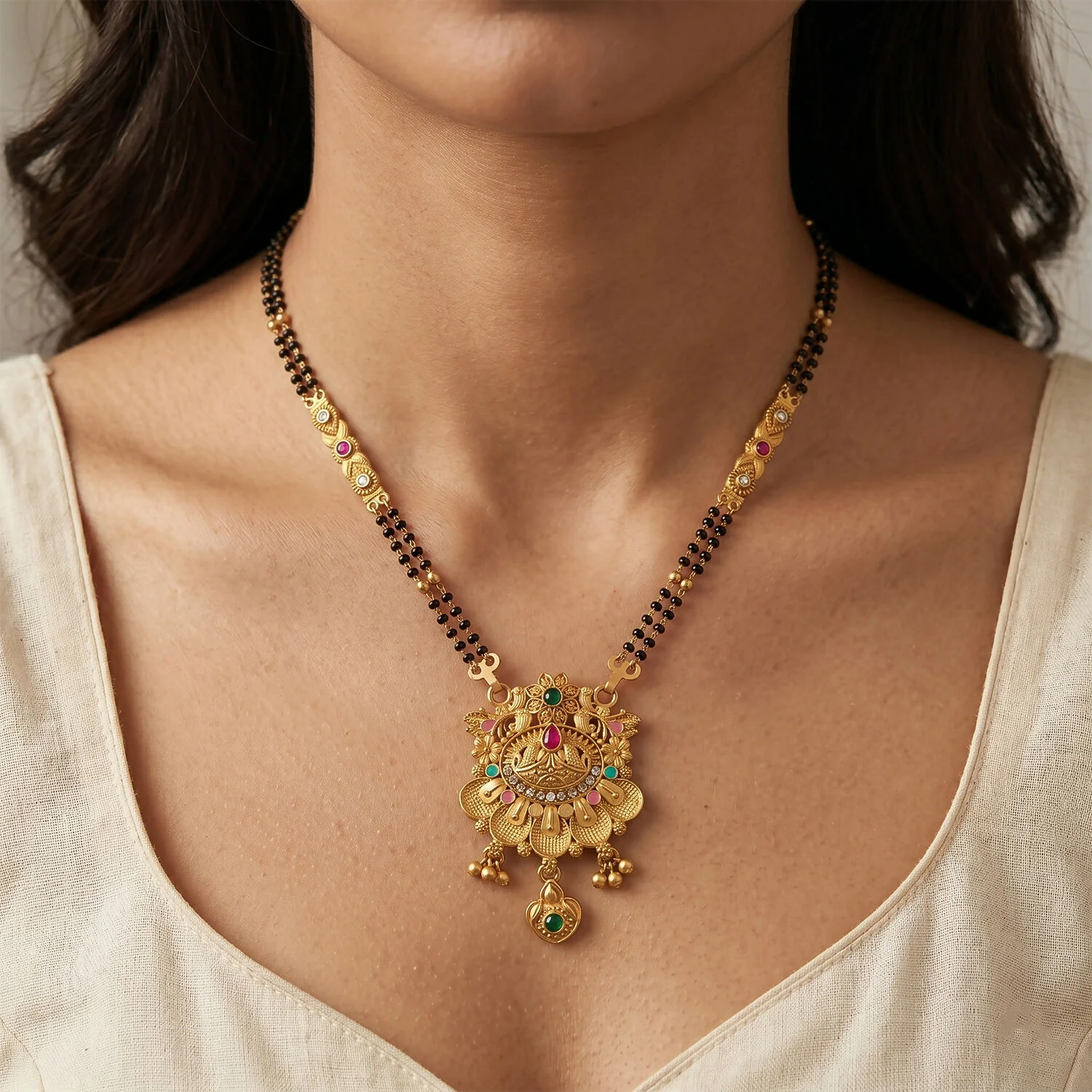 Antique Finish Floral Crown Lotus Pendant with Pink Enamel Petals Long Double Strand Mangalsutra - Image 2