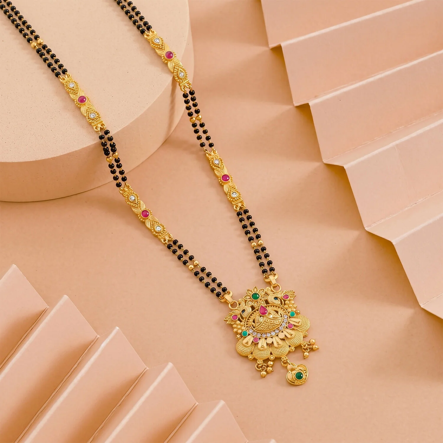 Antique Finish Floral Crown Lotus Pendant with Pink Enamel Petals Long Double Strand Mangalsutra - Image 3