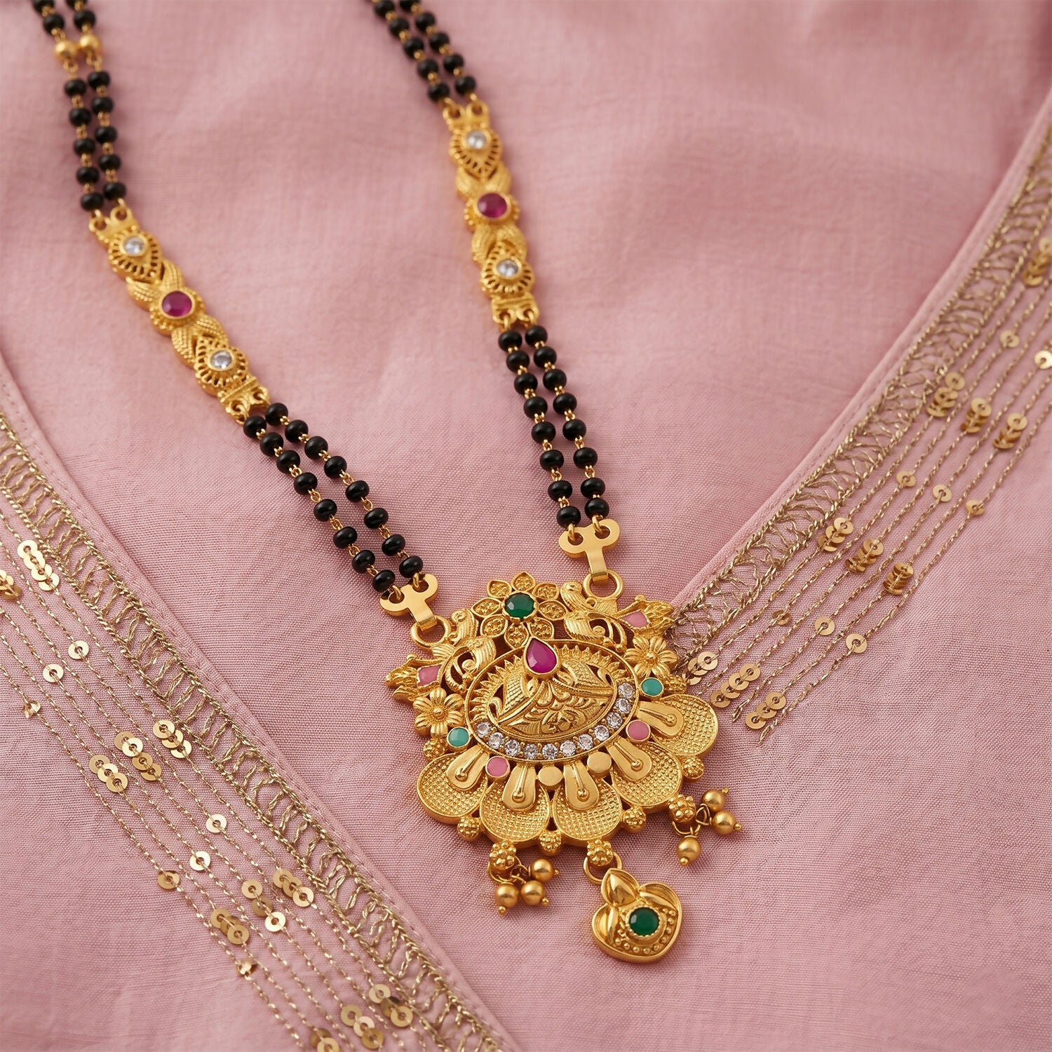 Antique Finish Floral Crown Lotus Pendant with Pink Enamel Petals Long Double Strand Mangalsutra - Image 4