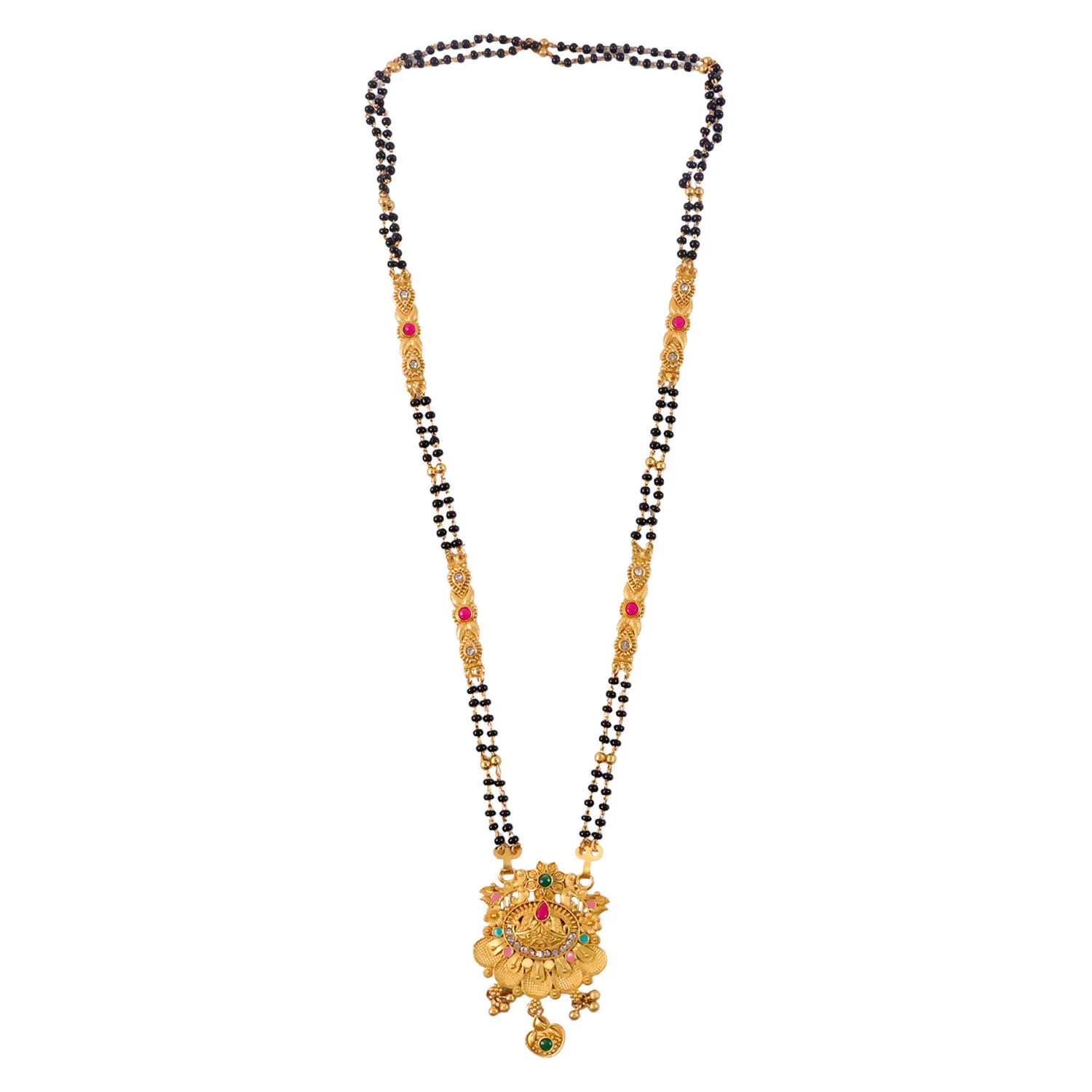 Antique Finish Floral Crown Lotus Pendant with Pink Enamel Petals Long Double Strand Mangalsutra - Image 5