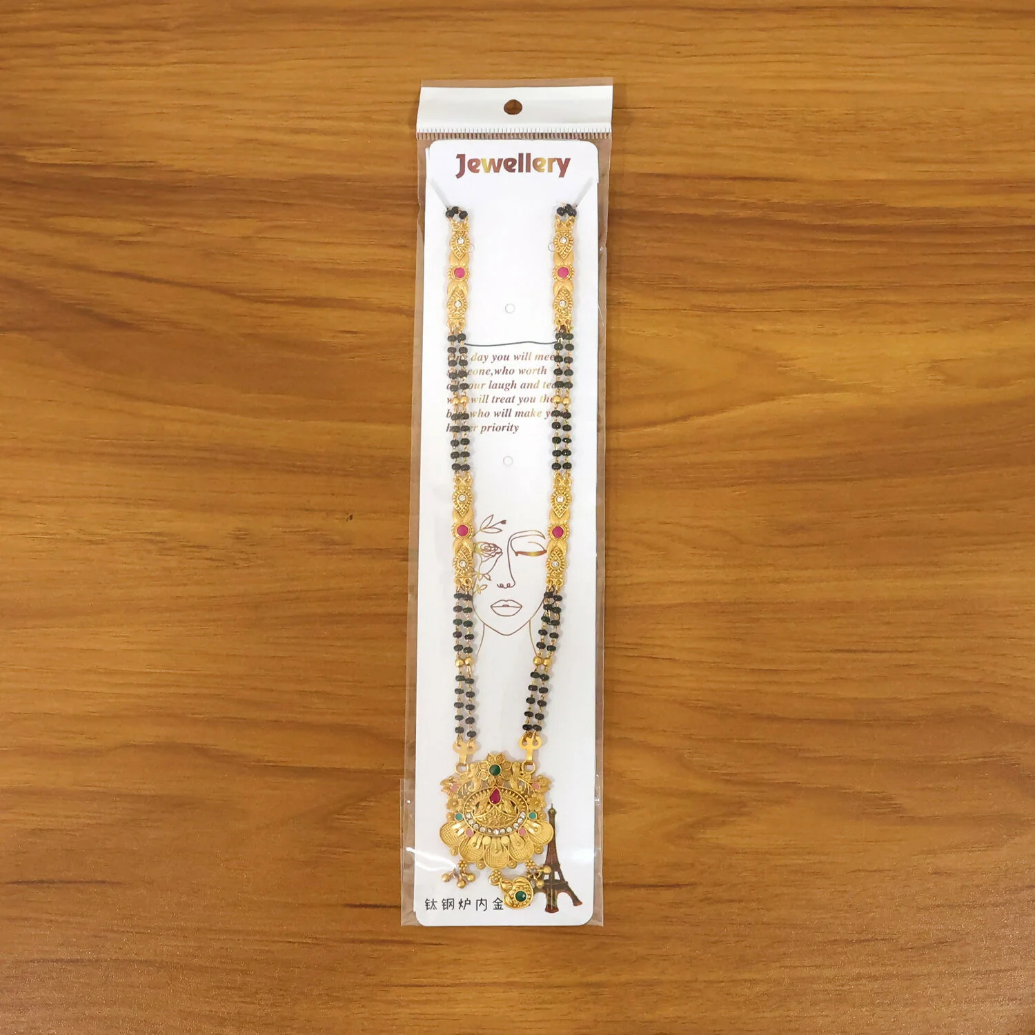 Antique Finish Floral Crown Lotus Pendant with Pink Enamel Petals Long Double Strand Mangalsutra - Image 6