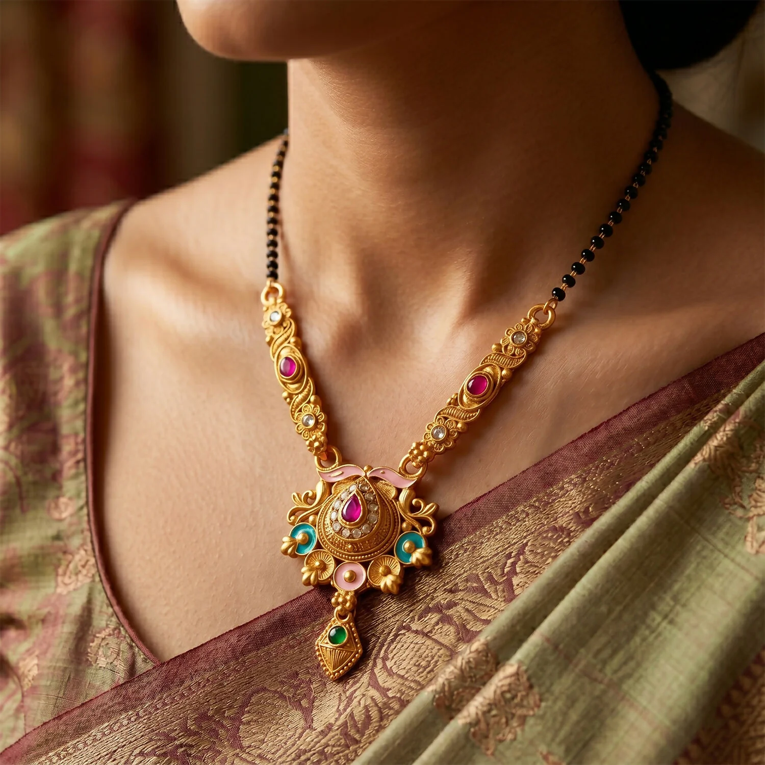 Antique Finish Grand Meenakari Pendant with Teardrop Drop Long Single Strand Mangalsutra - Image 2