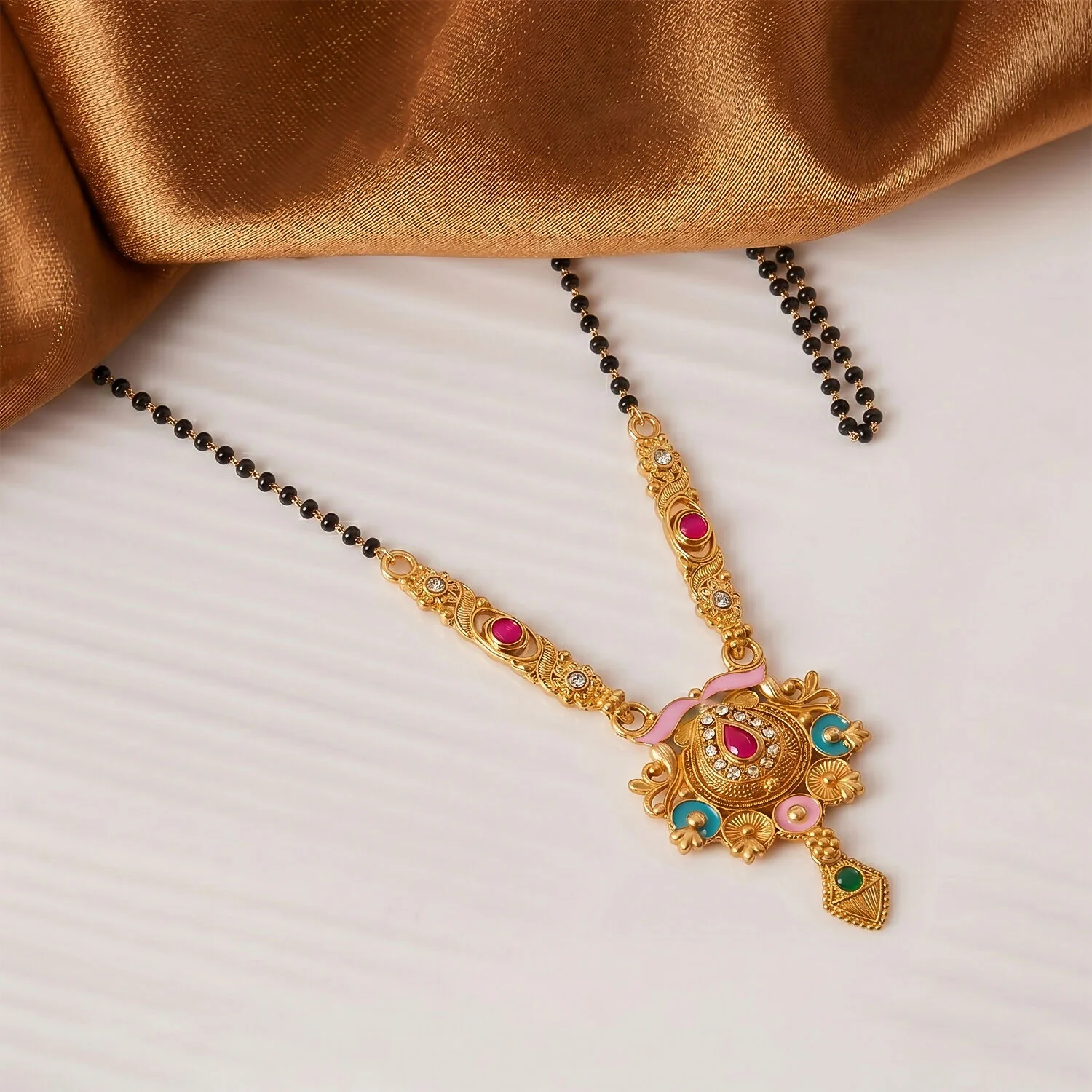 Antique Finish Grand Meenakari Pendant with Teardrop Drop Long Single Strand Mangalsutra - Image 3