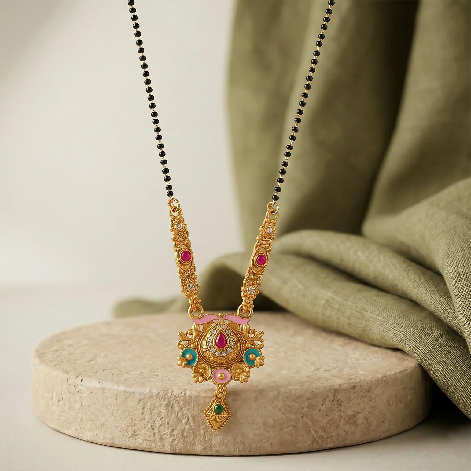 Antique Finish Grand Meenakari Pendant with Teardrop Drop Long Single Strand Mangalsutra - Image 4