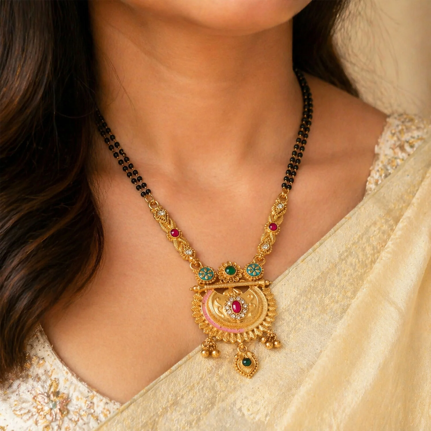 Antique Finish Half Moon Chandrakor Pendant with Ghungroo Double Strand Mangalsutra - Image 2