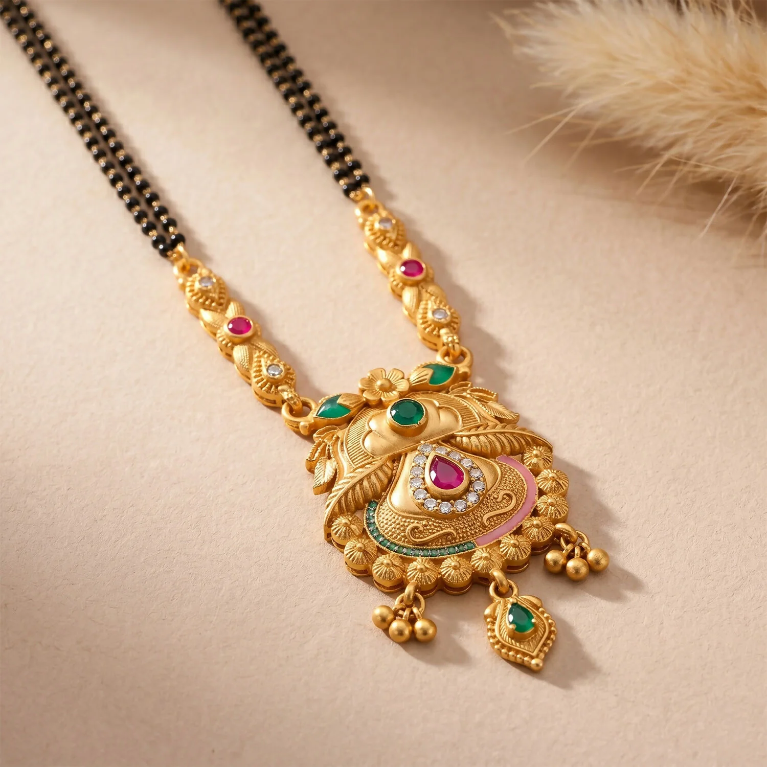 Antique Finish Kalash Pot Pendant with Green & Pink Enamel Double Strand Mangalsutra - Image 2