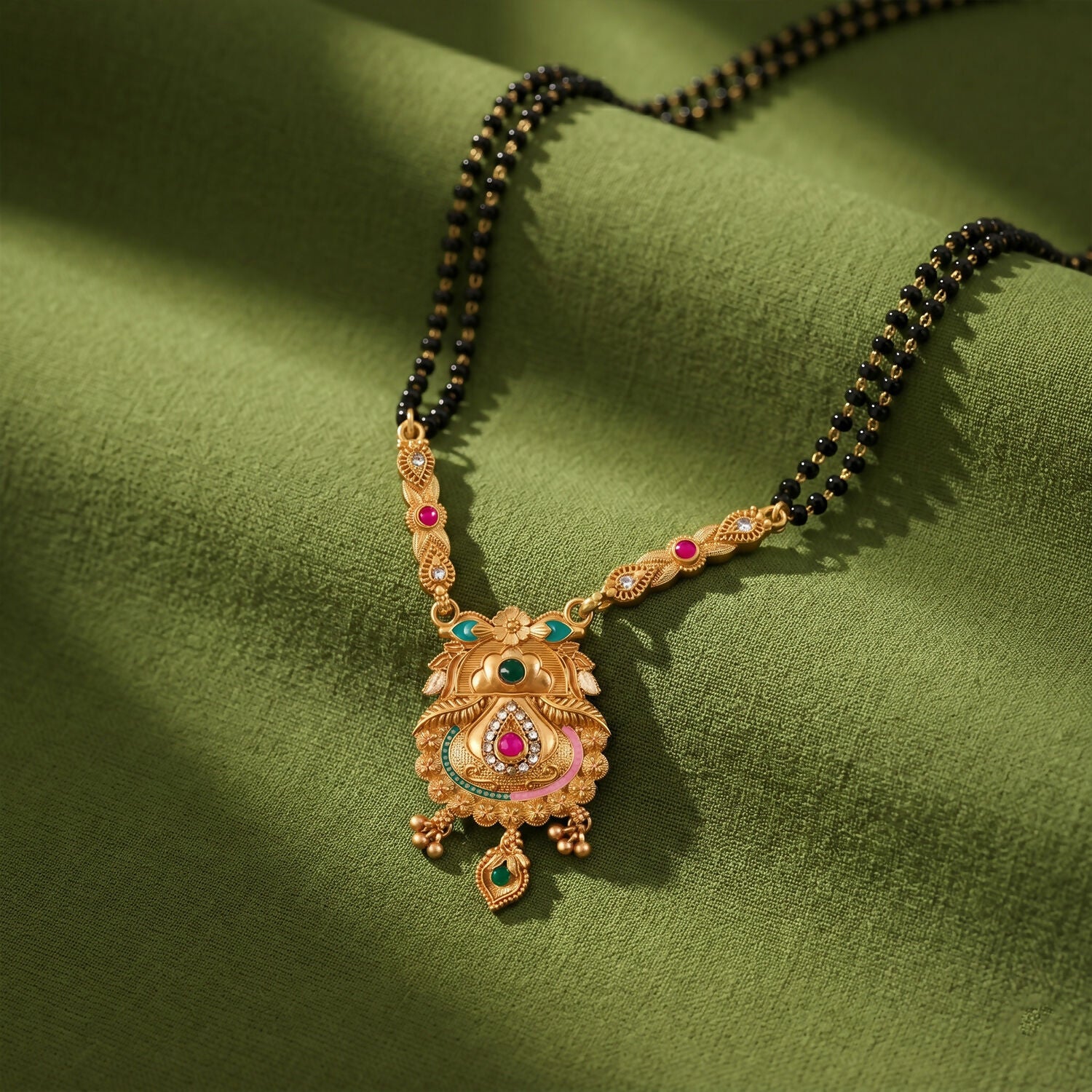 Antique Finish Kalash Pot Pendant with Green & Pink Enamel Double Strand Mangalsutra - Image 3