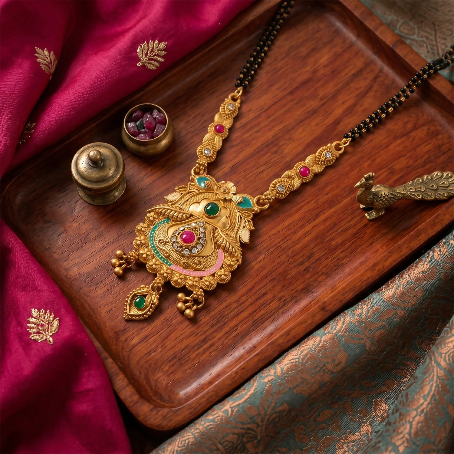 Antique Finish Kalash Pot Pendant with Green & Pink Enamel Double Strand Mangalsutra - Image 4