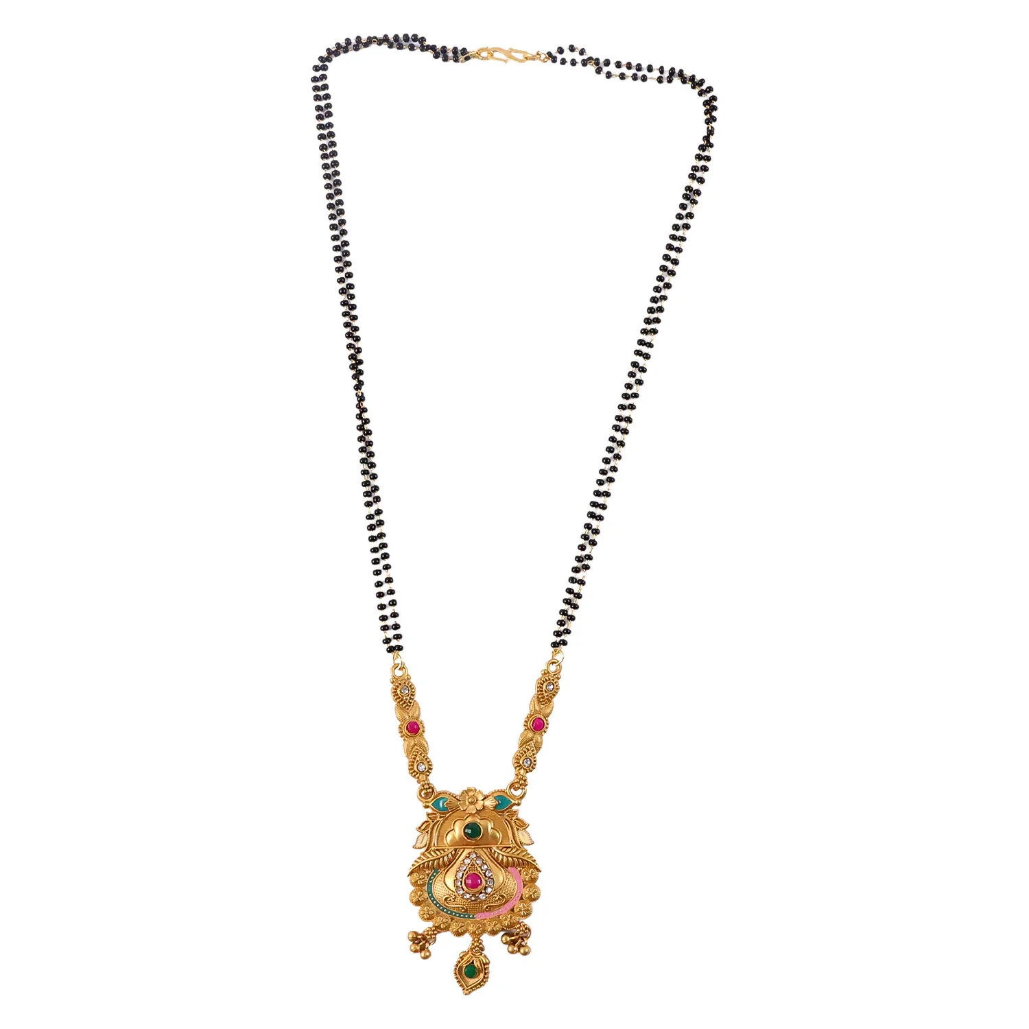 Antique Finish Kalash Pot Pendant with Green & Pink Enamel Double Strand Mangalsutra - Image 5