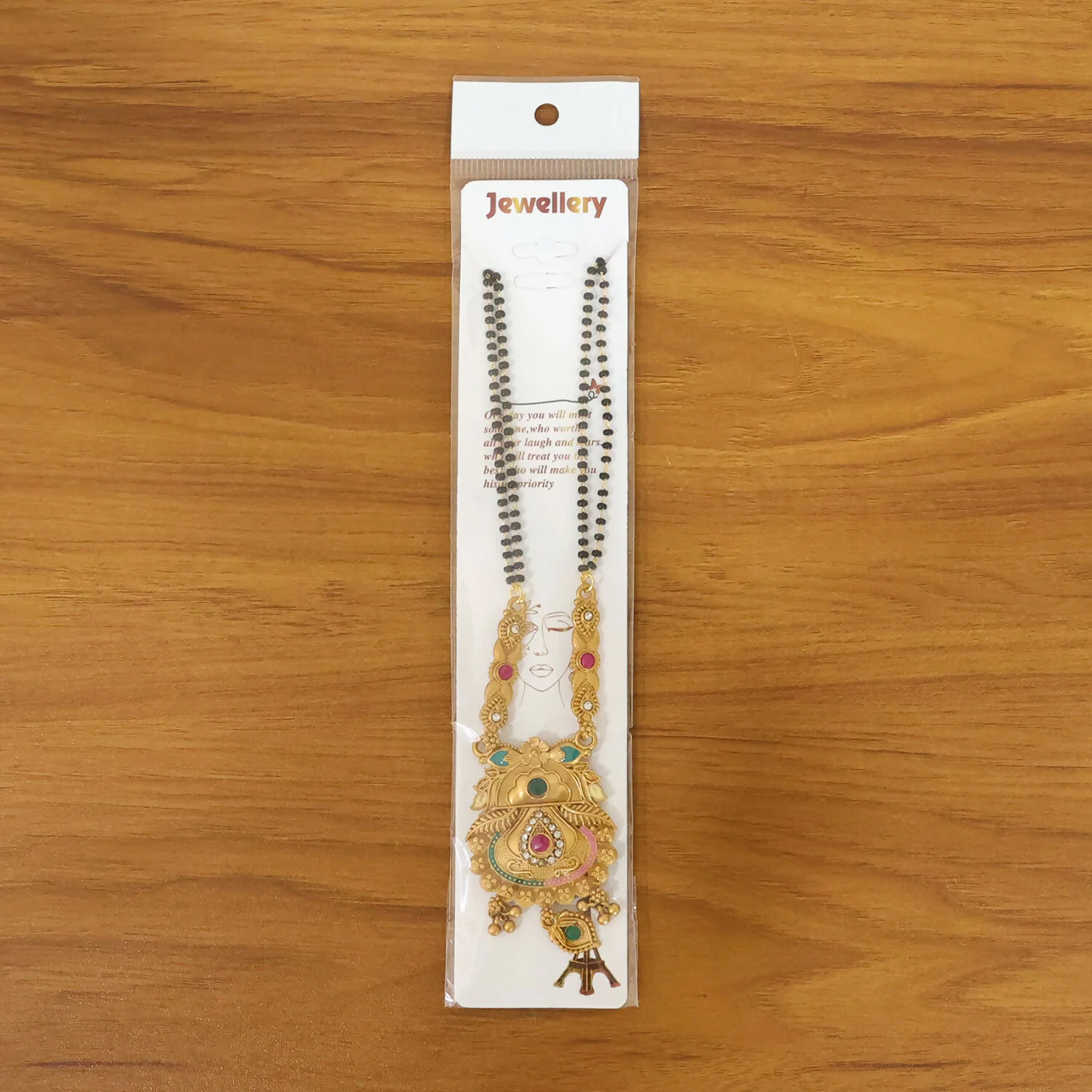 Antique Finish Kalash Pot Pendant with Green & Pink Enamel Double Strand Mangalsutra - Image 6