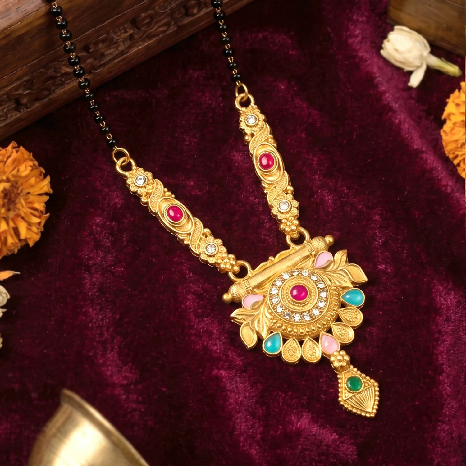 Antique Finish Lotus Medallion with Turquoise Drops & Ruby Stone Single Strand Mangalsutra - Image 2