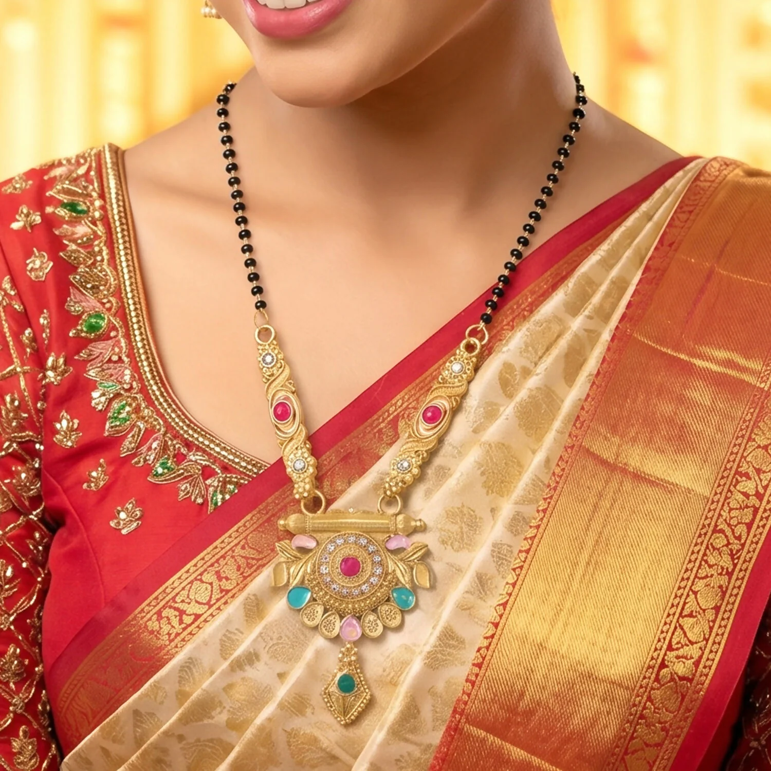 Antique Finish Lotus Medallion with Turquoise Drops & Ruby Stone Single Strand Mangalsutra - Image 3