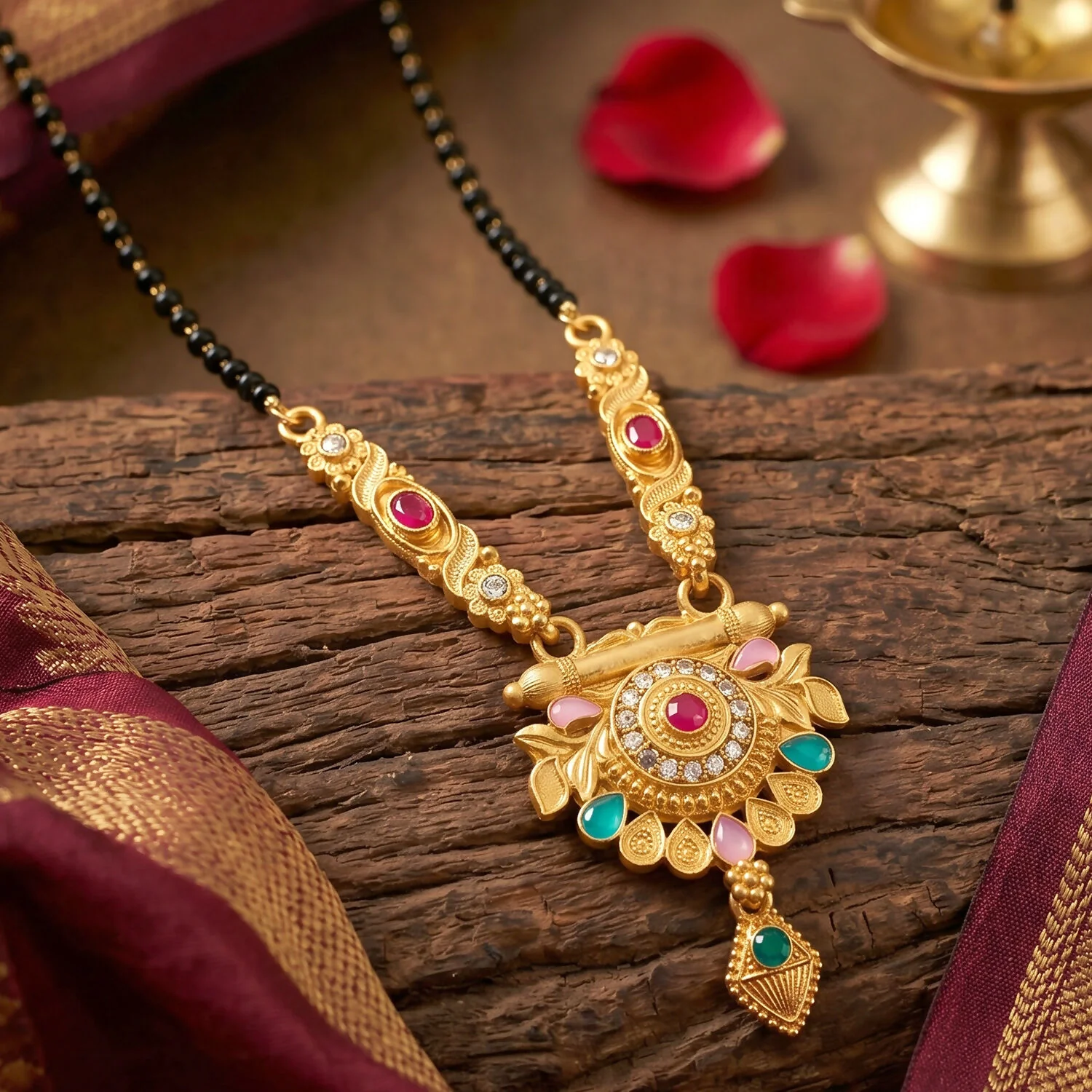 Antique Finish Lotus Medallion with Turquoise Drops & Ruby Stone Single Strand Mangalsutra - Image 4
