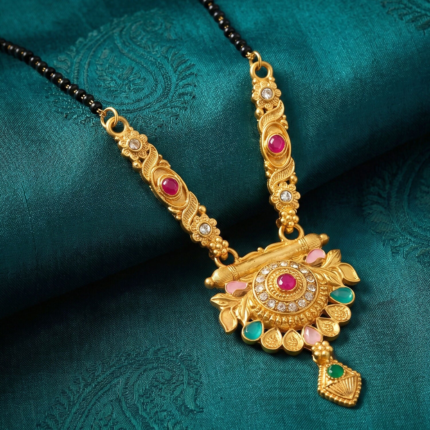 Antique Finish Lotus Medallion with Turquoise Drops & Ruby Stone Single Strand Mangalsutra - Image 5