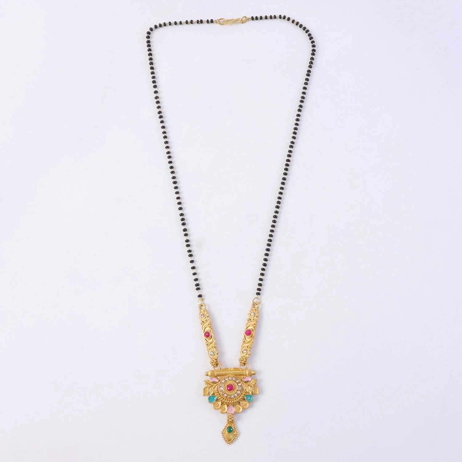 Antique Finish Lotus Medallion with Turquoise Drops & Ruby Stone Single Strand Mangalsutra - Image 6