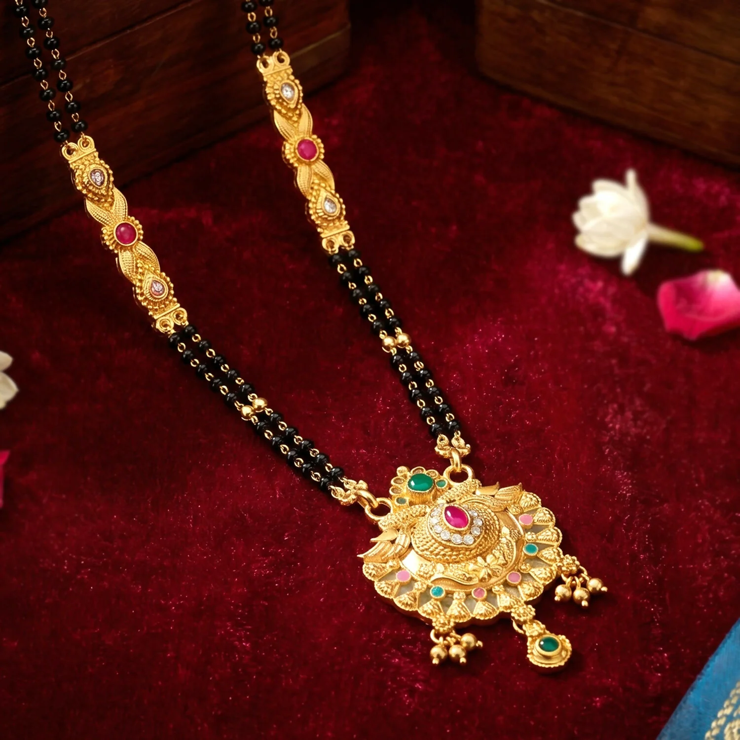 Antique Finish Lotus Peacock Fan Pendant with Multi-Petal Enamel Extra Long Double Strand Mangalsutra - Image 2