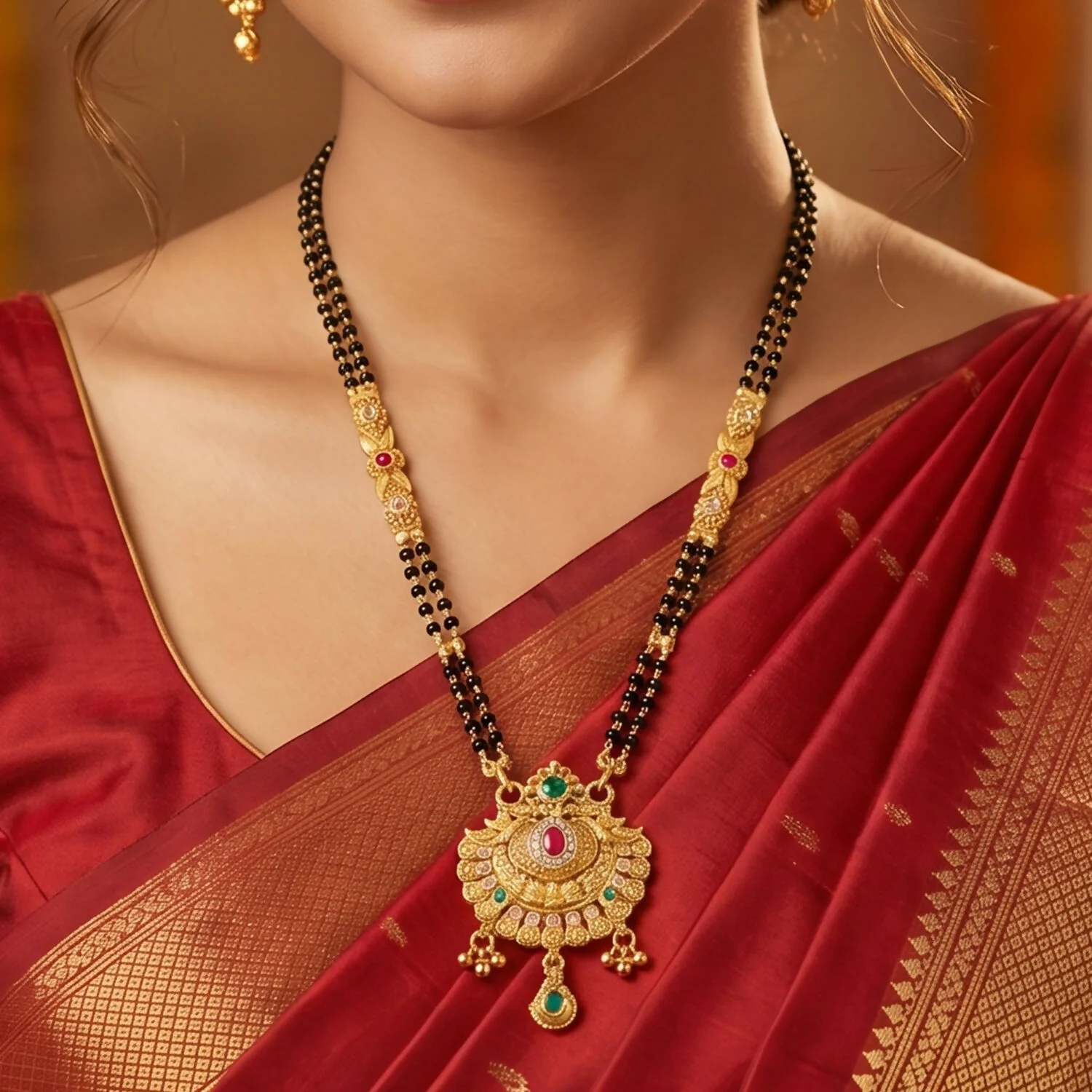 Antique Finish Lotus Peacock Fan Pendant with Multi-Petal Enamel Extra Long Double Strand Mangalsutra - Image 3