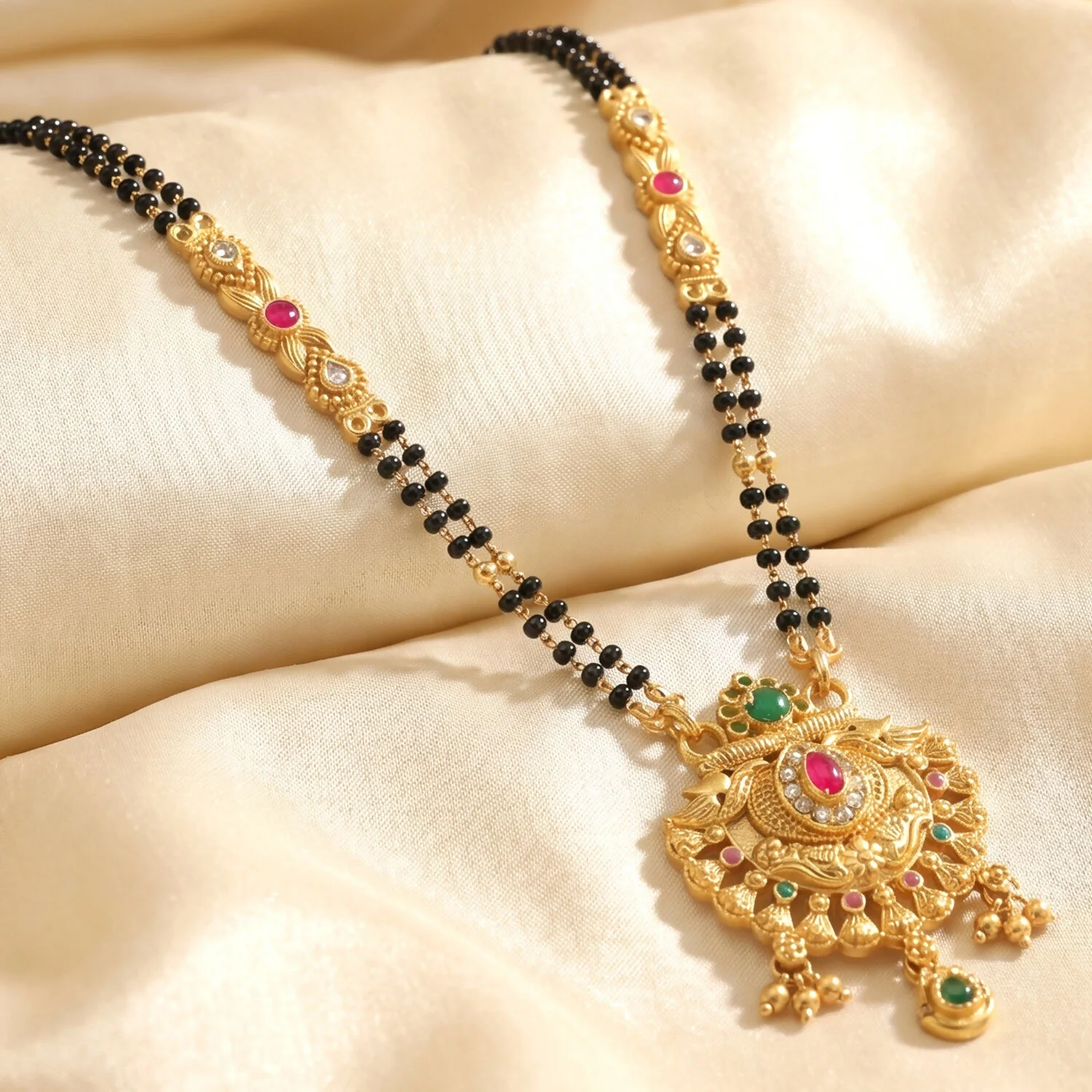 Antique Finish Lotus Peacock Fan Pendant with Multi-Petal Enamel Extra Long Double Strand Mangalsutra - Image 4