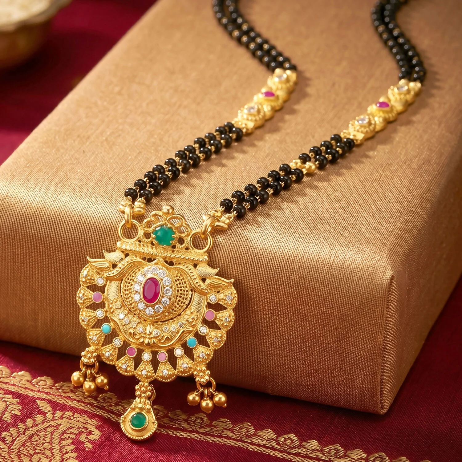 Antique Finish Lotus Peacock Fan Pendant with Multi-Petal Enamel Extra Long Double Strand Mangalsutra - Image 5