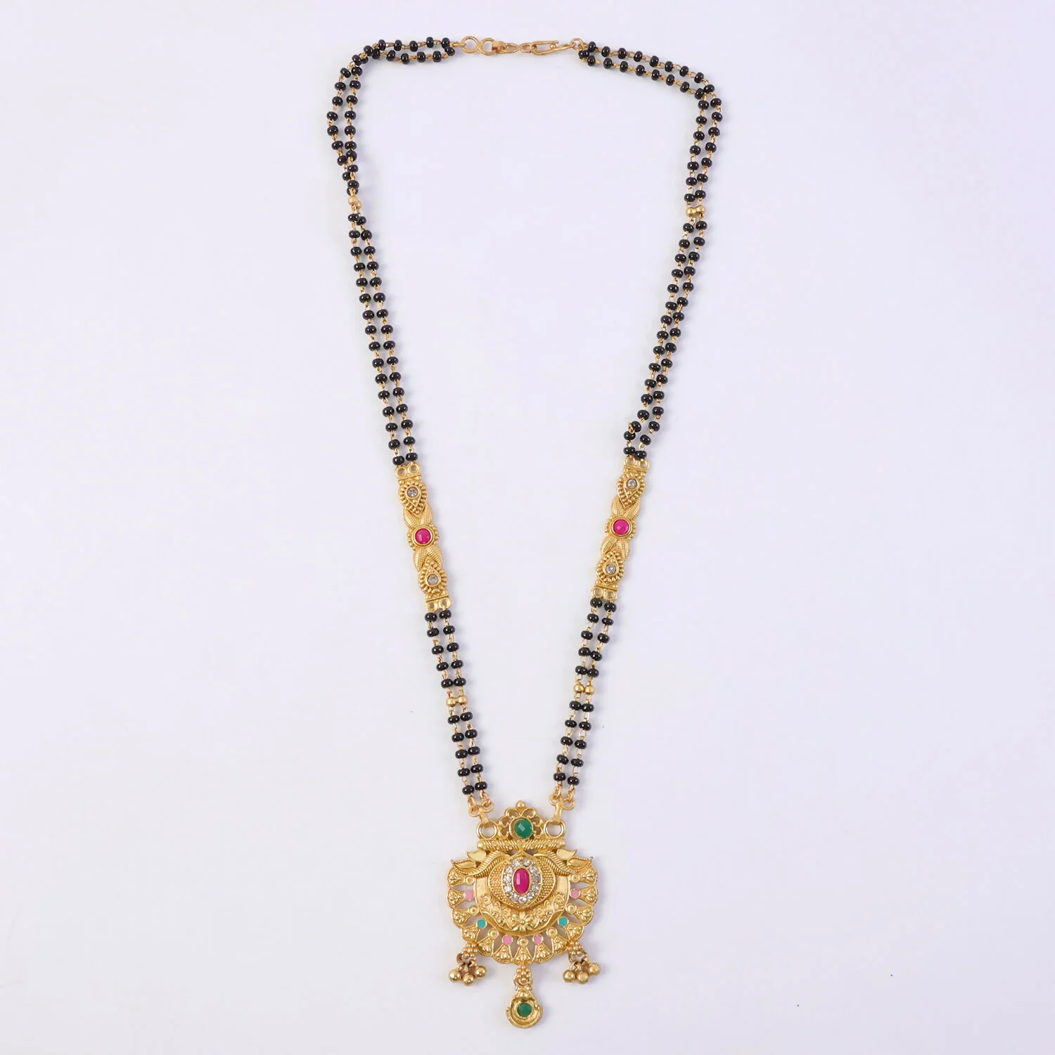 Antique Finish Lotus Peacock Fan Pendant with Multi-Petal Enamel Extra Long Double Strand Mangalsutra - Image 6