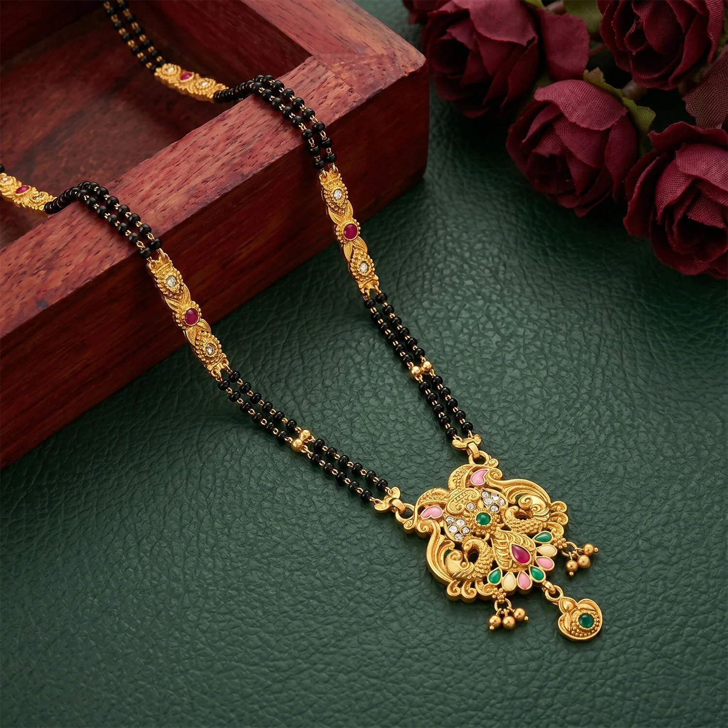 Antique Finish Makara Dragon Scroll Pendant with Fan Enamel Base Long Double Strand Mangalsutra - Image 2