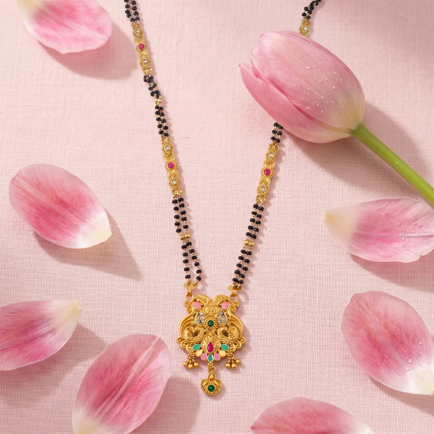 Antique Finish Makara Dragon Scroll Pendant with Fan Enamel Base Long Double Strand Mangalsutra - Image 3