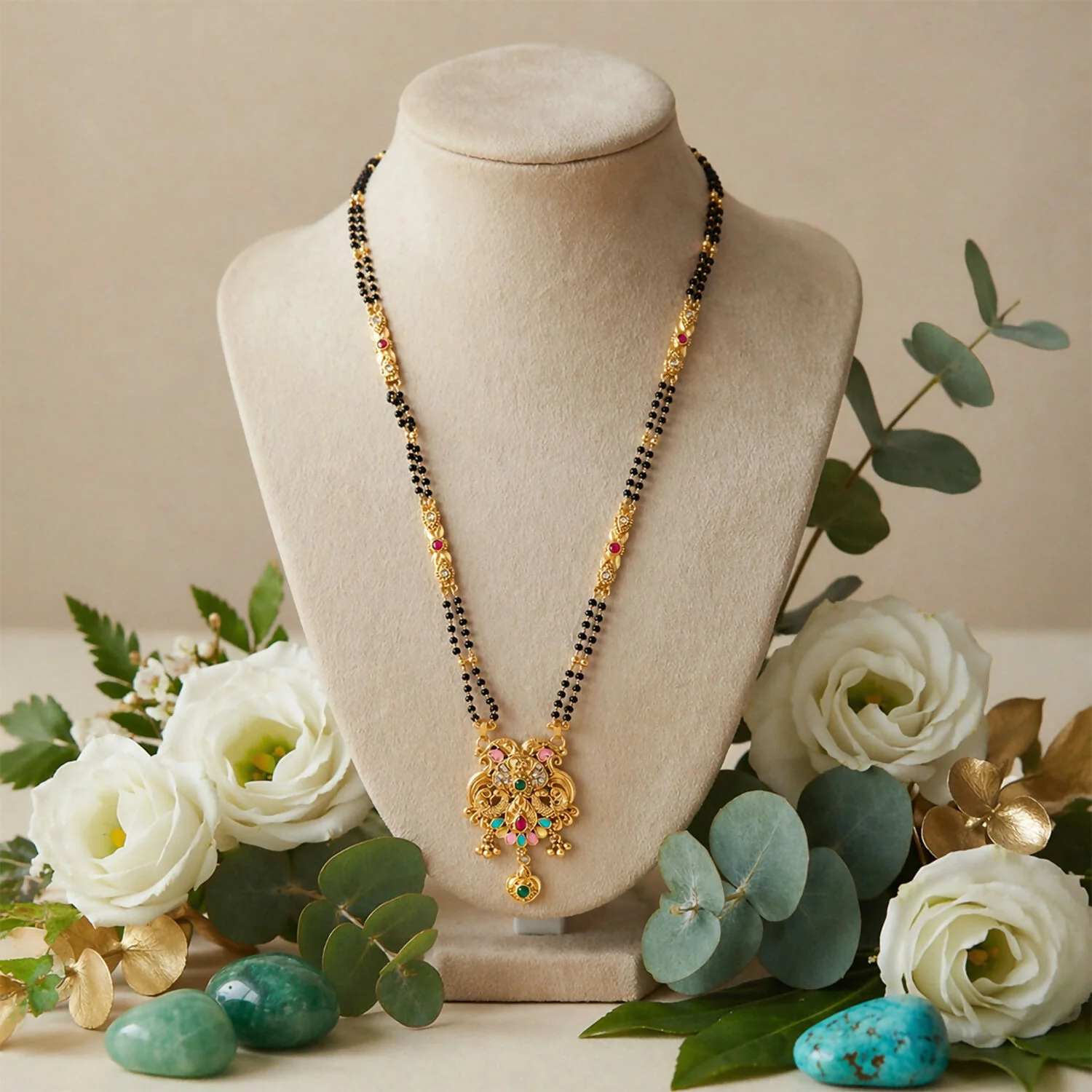 Antique Finish Makara Dragon Scroll Pendant with Fan Enamel Base Long Double Strand Mangalsutra - Image 4