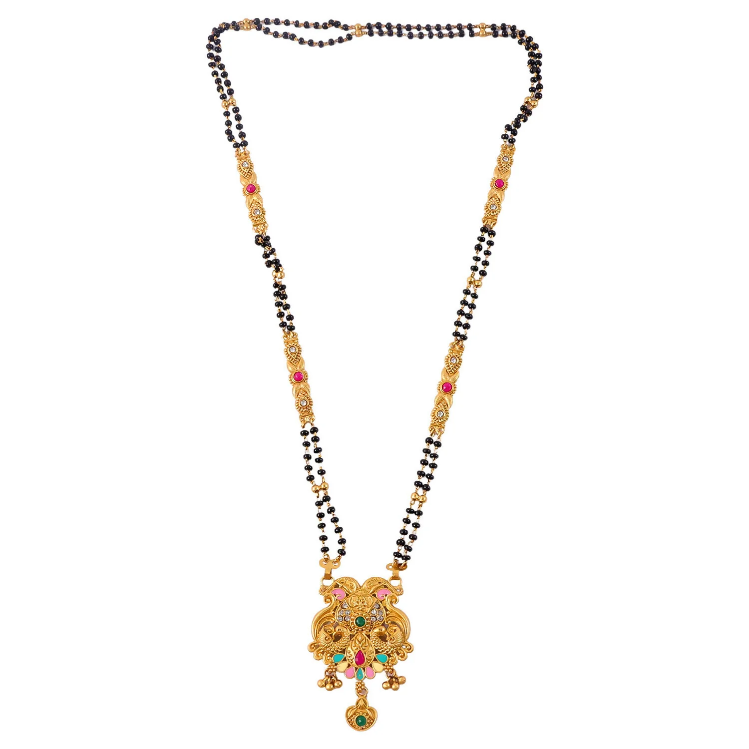 Antique Finish Makara Dragon Scroll Pendant with Fan Enamel Base Long Double Strand Mangalsutra - Image 5
