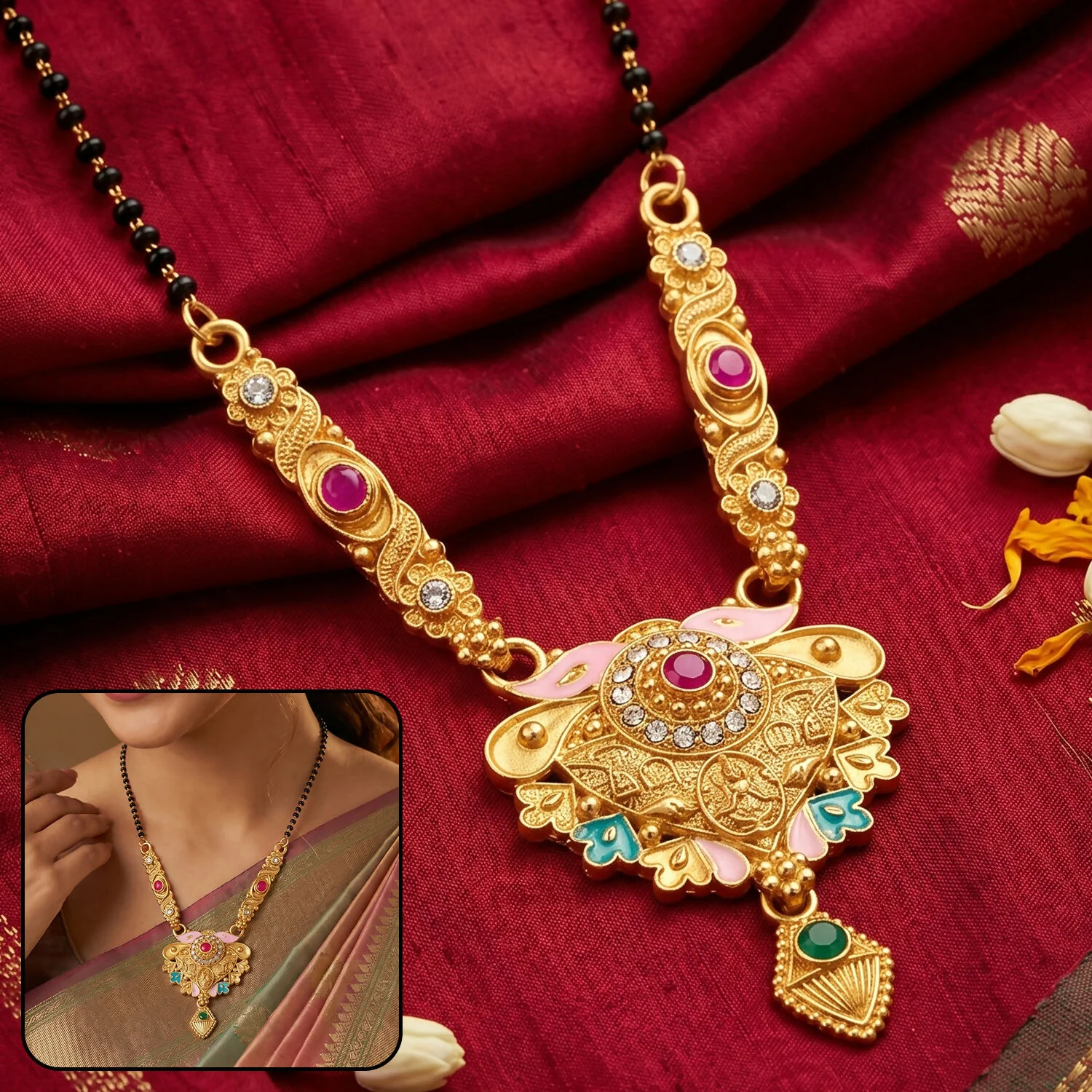 Antique Finish Meenakari Floral Fan Pendant Short Single Strand Mangalsutra