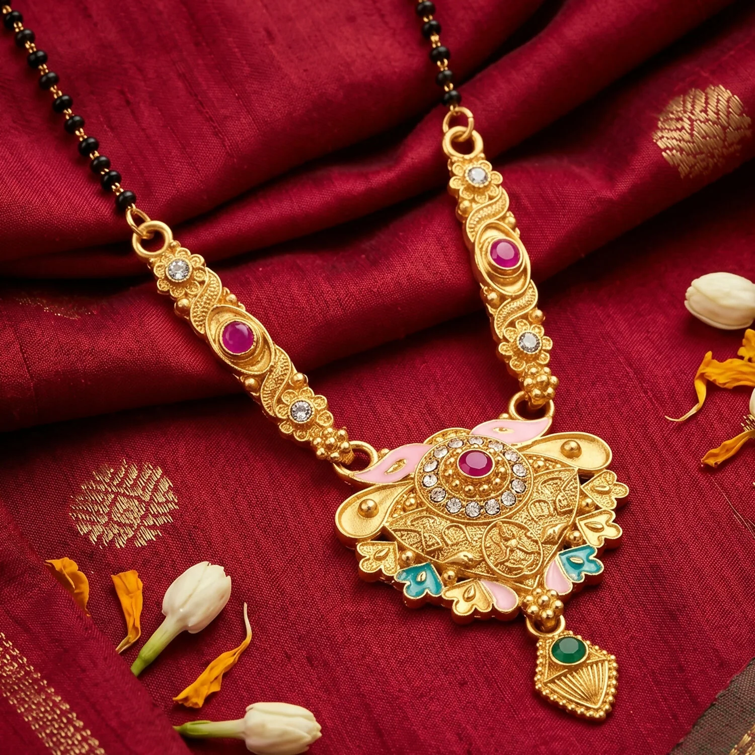 Antique Finish Meenakari Floral Fan Pendant Short Single Strand Mangalsutra - Image 2