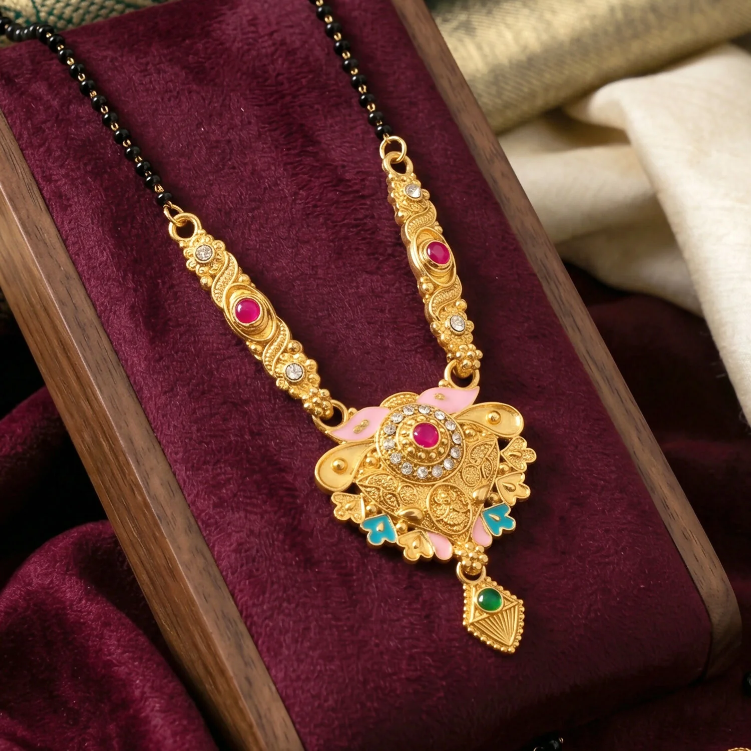 Antique Finish Meenakari Floral Fan Pendant Short Single Strand Mangalsutra - Image 4