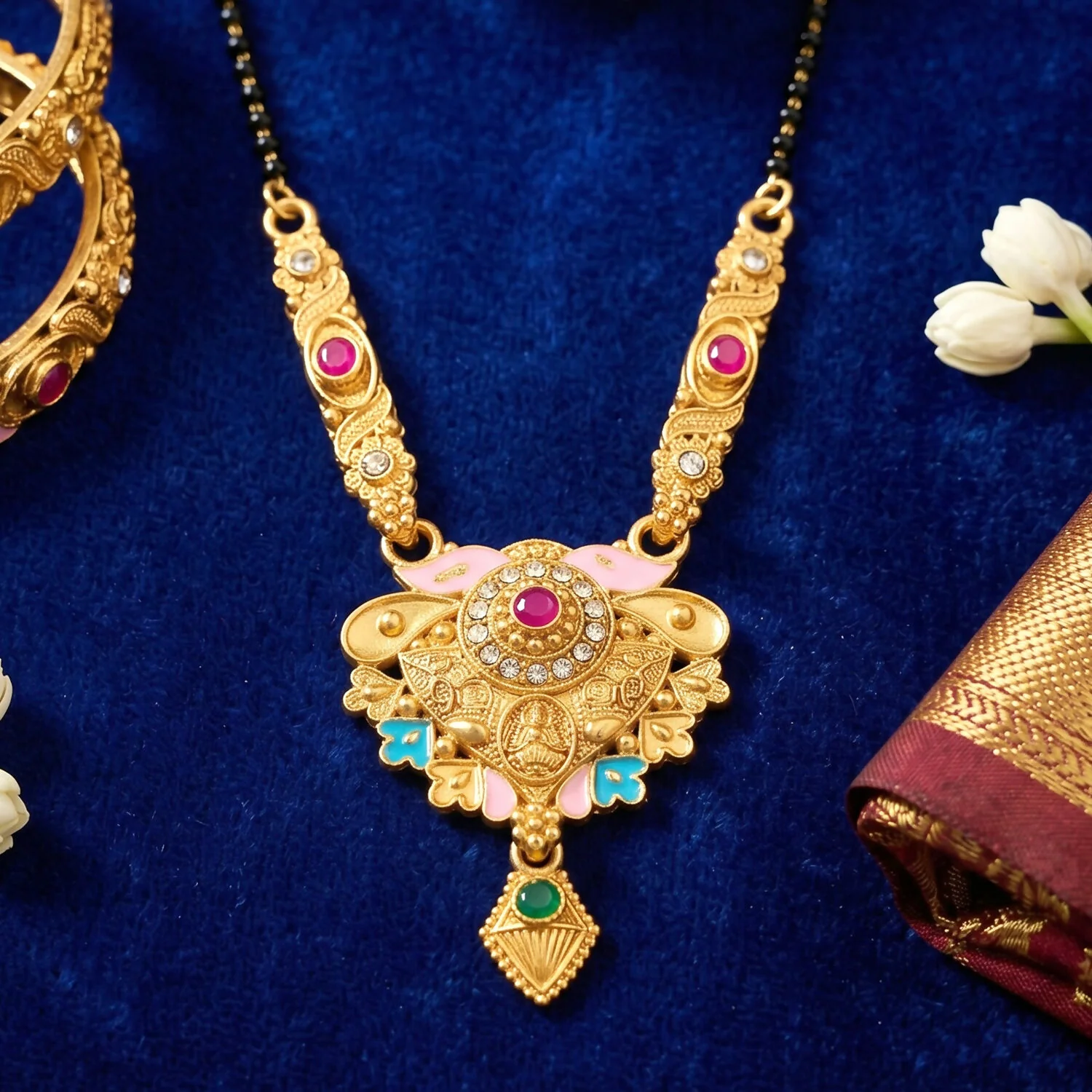 Antique Finish Meenakari Floral Fan Pendant Short Single Strand Mangalsutra - Image 5