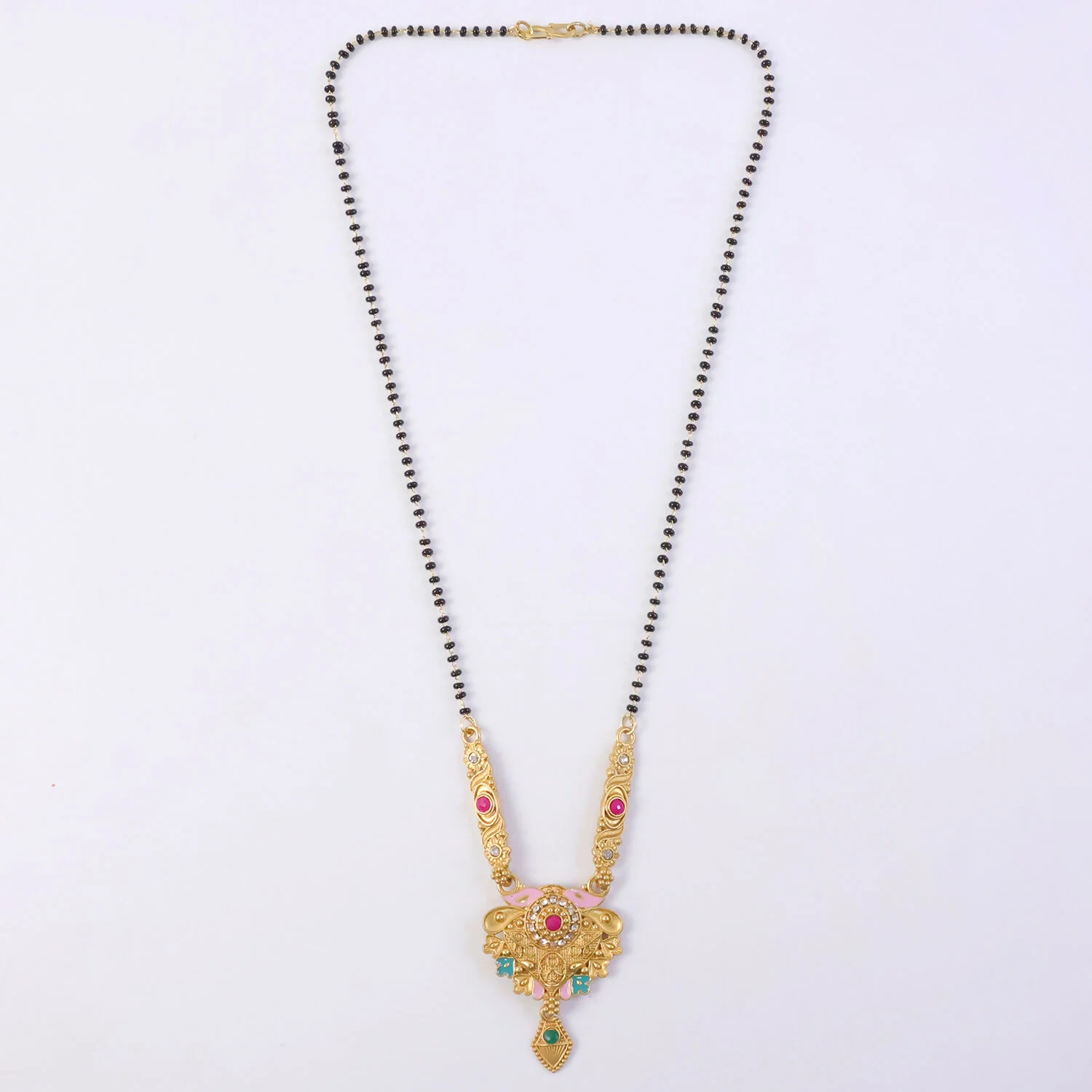 Antique Finish Meenakari Floral Fan Pendant Short Single Strand Mangalsutra - Image 6