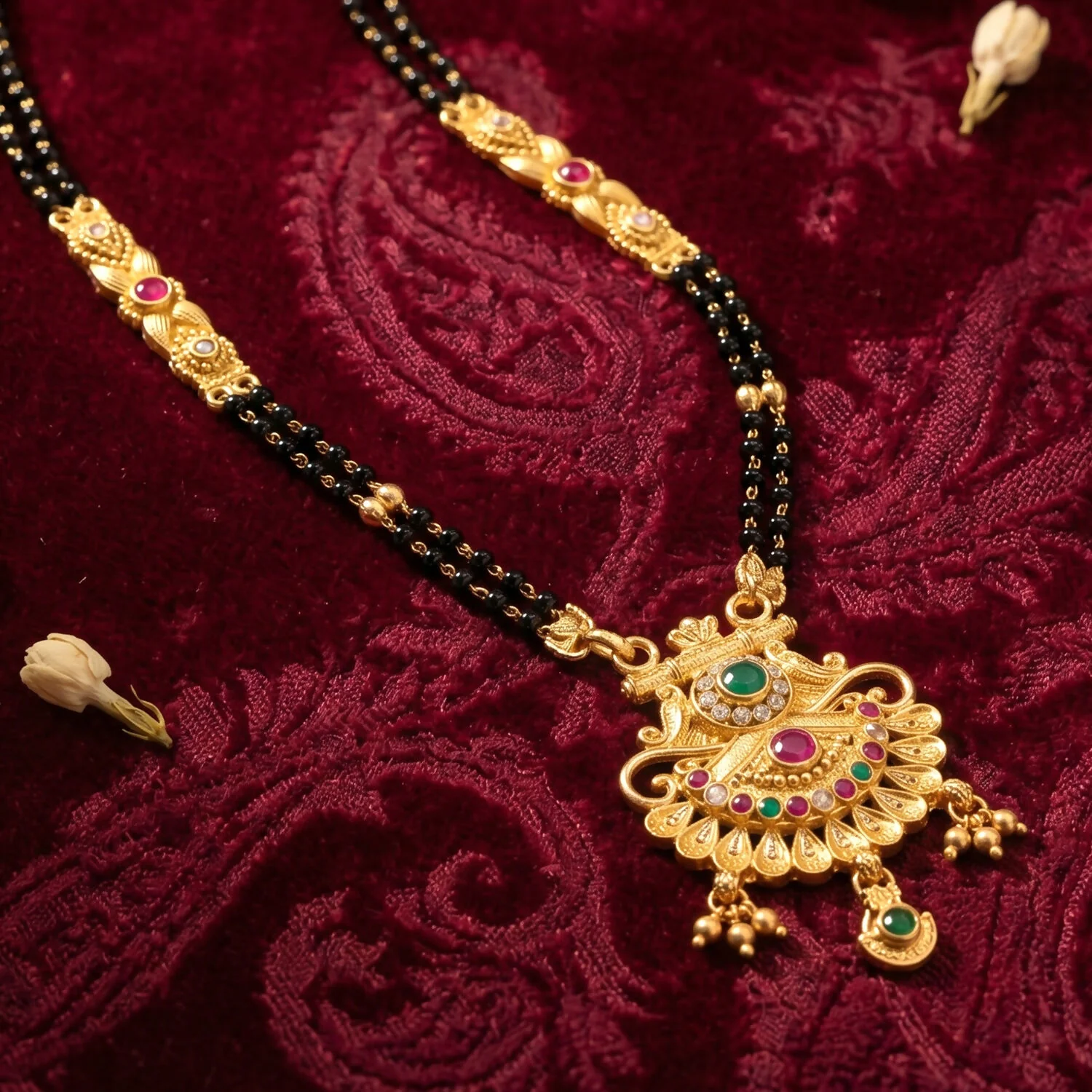 Antique Finish Navaratna Peacock Feather Fan with Multi-Stone Rows Extra Long Double Strand Mangalsutra - Image 2