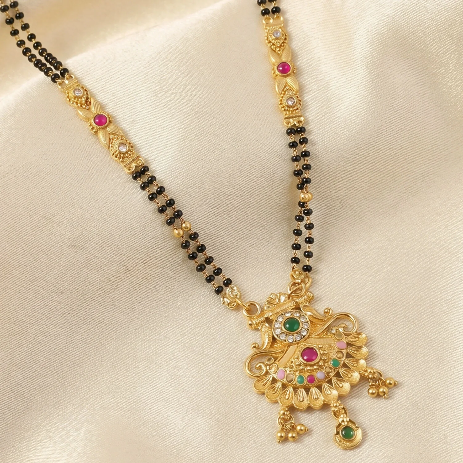 Antique Finish Navaratna Peacock Feather Fan with Multi-Stone Rows Extra Long Double Strand Mangalsutra - Image 4